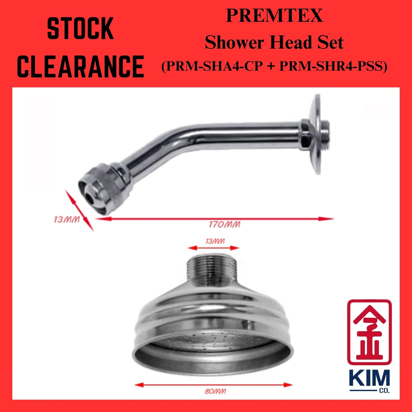 ( Stock Clearance ) Premtex Shower Arm Cw Shower head (PRM-SHA4-CP + PRM-SHR4-PSS)