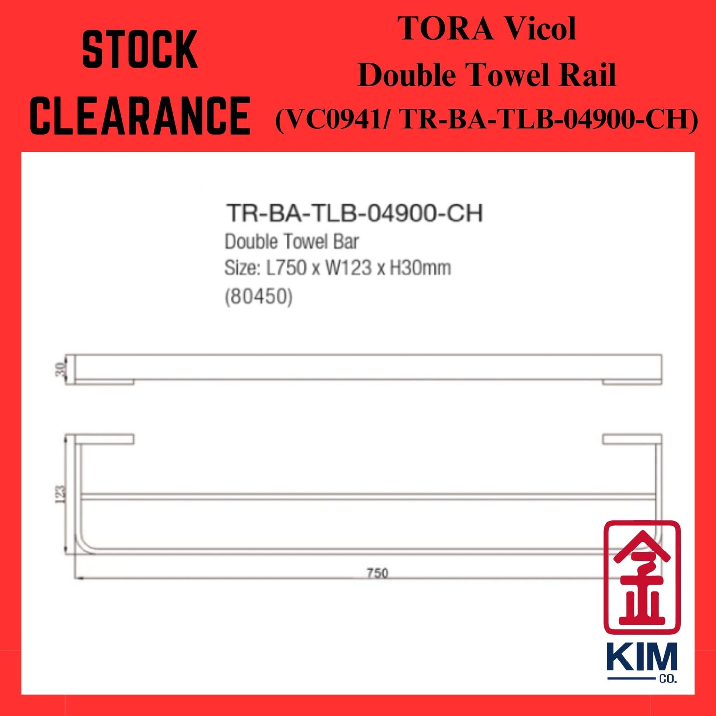 ( Stock Clearance ) Tora Vicol Brass Chrome Double Towel Rail (VC0941/ TR-BA-TLB-04900-CH)