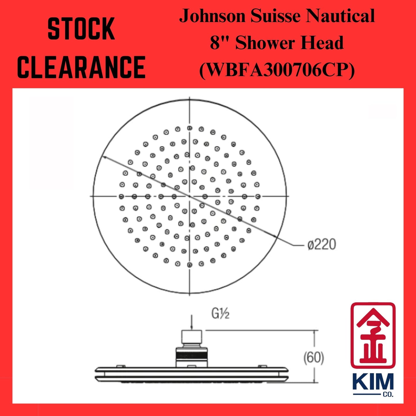 ( Stock Clearance ) Johnson Suisse Nautical II 8" Brass Round Shower Head (WBFA300706CP)