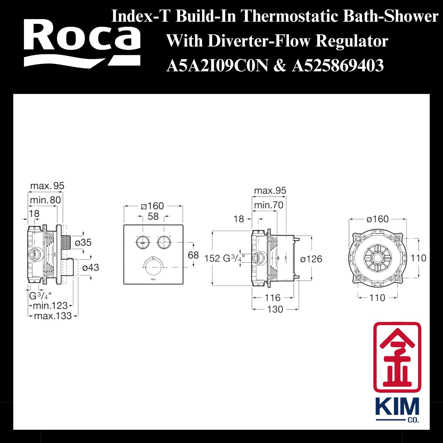 Roca Index-T Build-In Thermostatic Bath-Shower Mixer (A5A2I09C0N & A525869403)