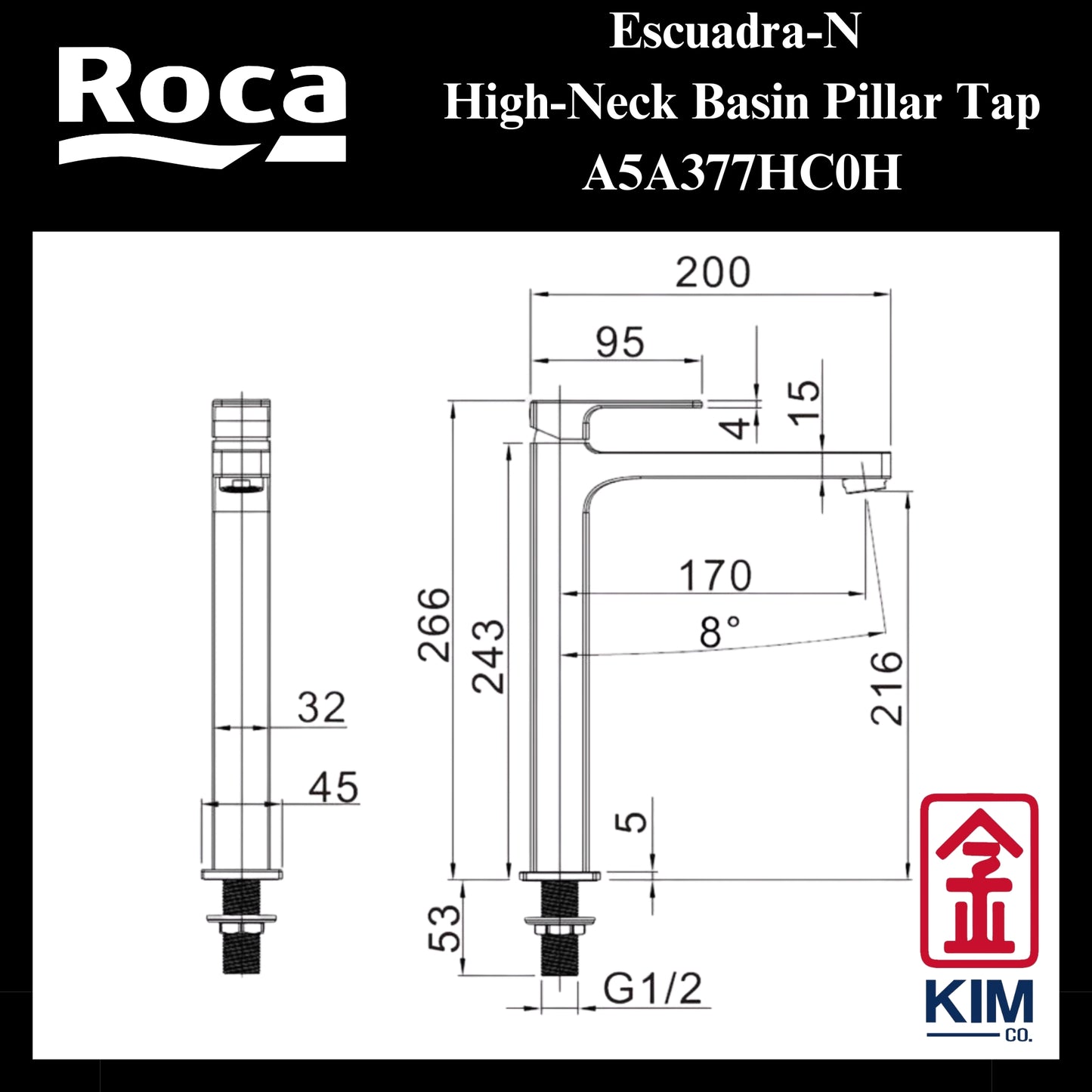 Roca Escuadra-N High Neck Basin Pillar Tap (A5A377HC0H)