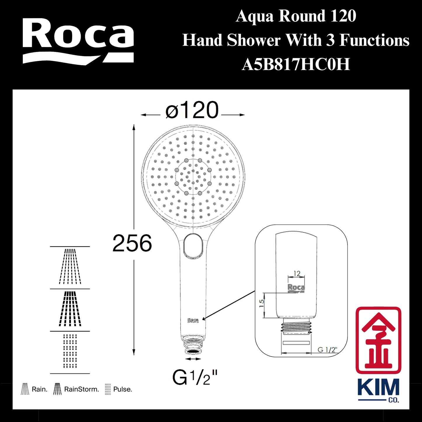 Roca Aqua Round Ø120mm Hand Shower (A5B817HC0H) (3 Functions)