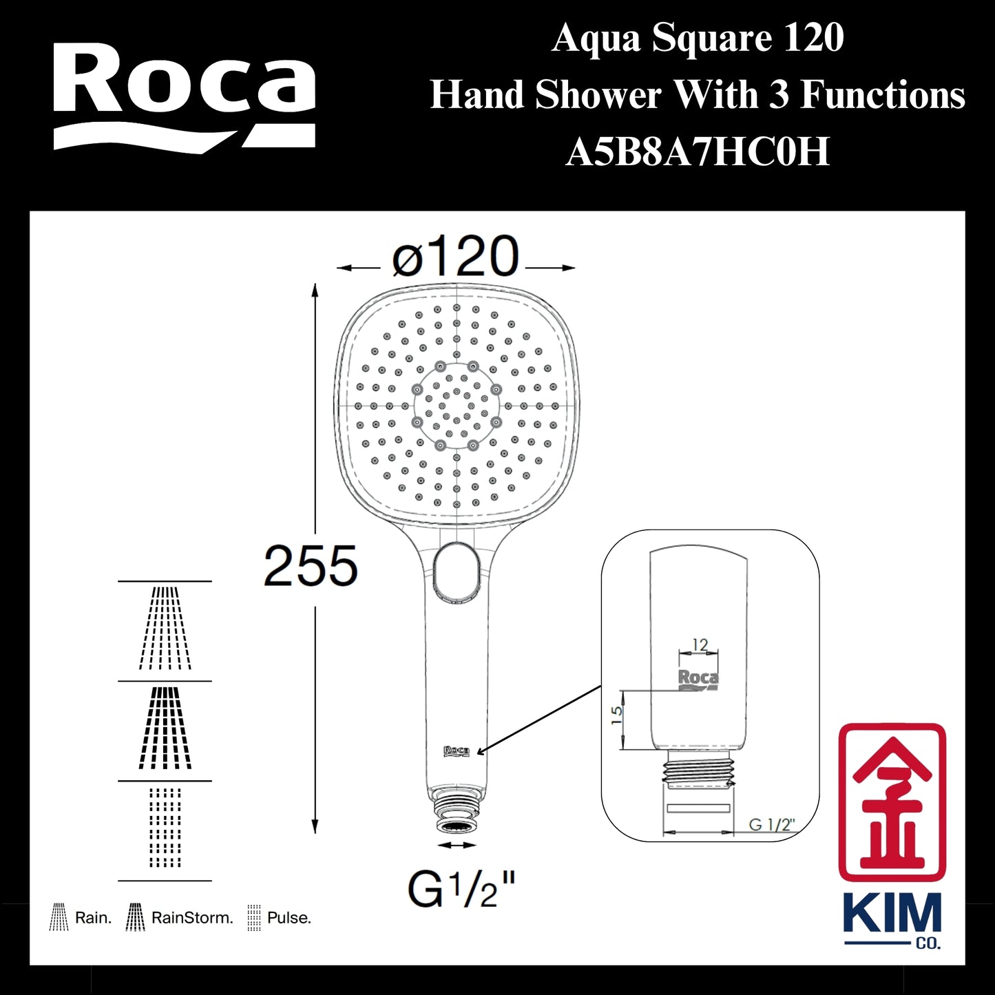 Roca Aqua Square 120mm Hand Shower (A5B8A7HC0H) (3 Functions)