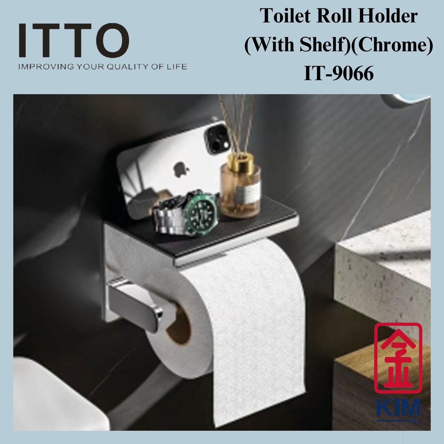 Itto Stainless Steel 304 Chrome Toilet Roll Holder With Shelf (Rubber Mat) (IT-F9066)
