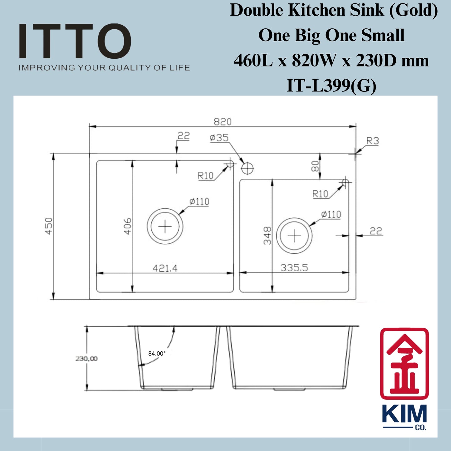 Itto Nano-Coated Double Bowl Kitchen Sink (One Big One Small) (Gold)