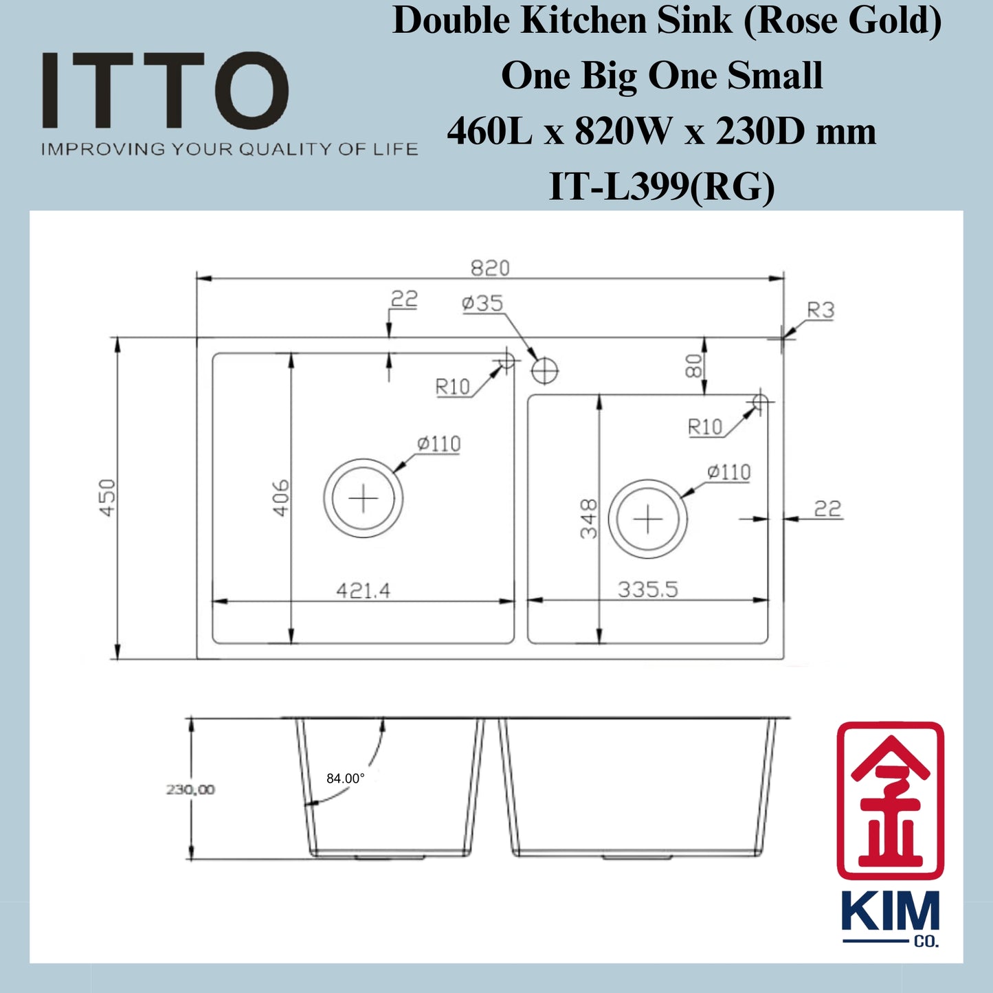 Itto Nano-Coated Double Bowl Kitchen Sink (One Big One Small) (Rose Gold)