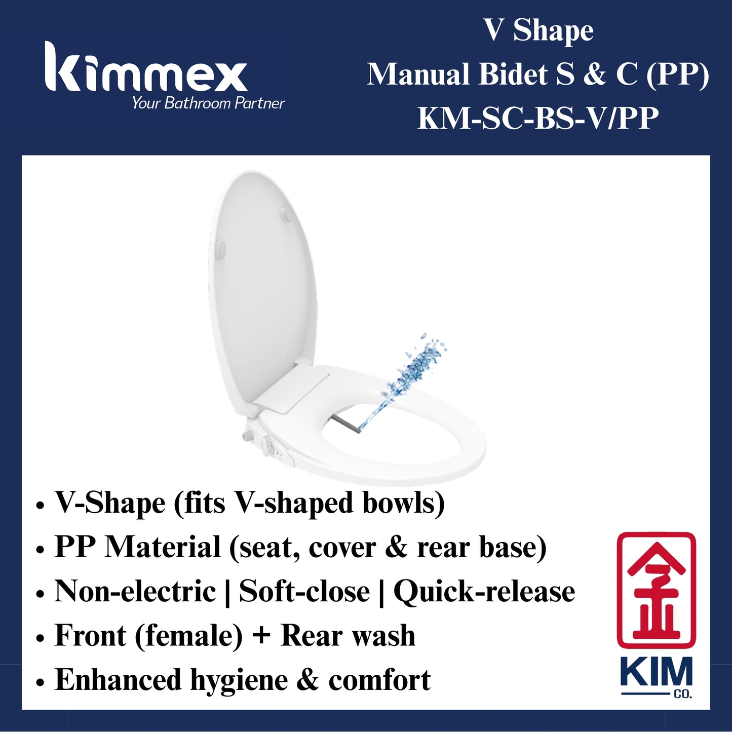 kimmex V Shape Manual Bidet Seat & Cover (PP)(KM-SC-BS-V/PP)