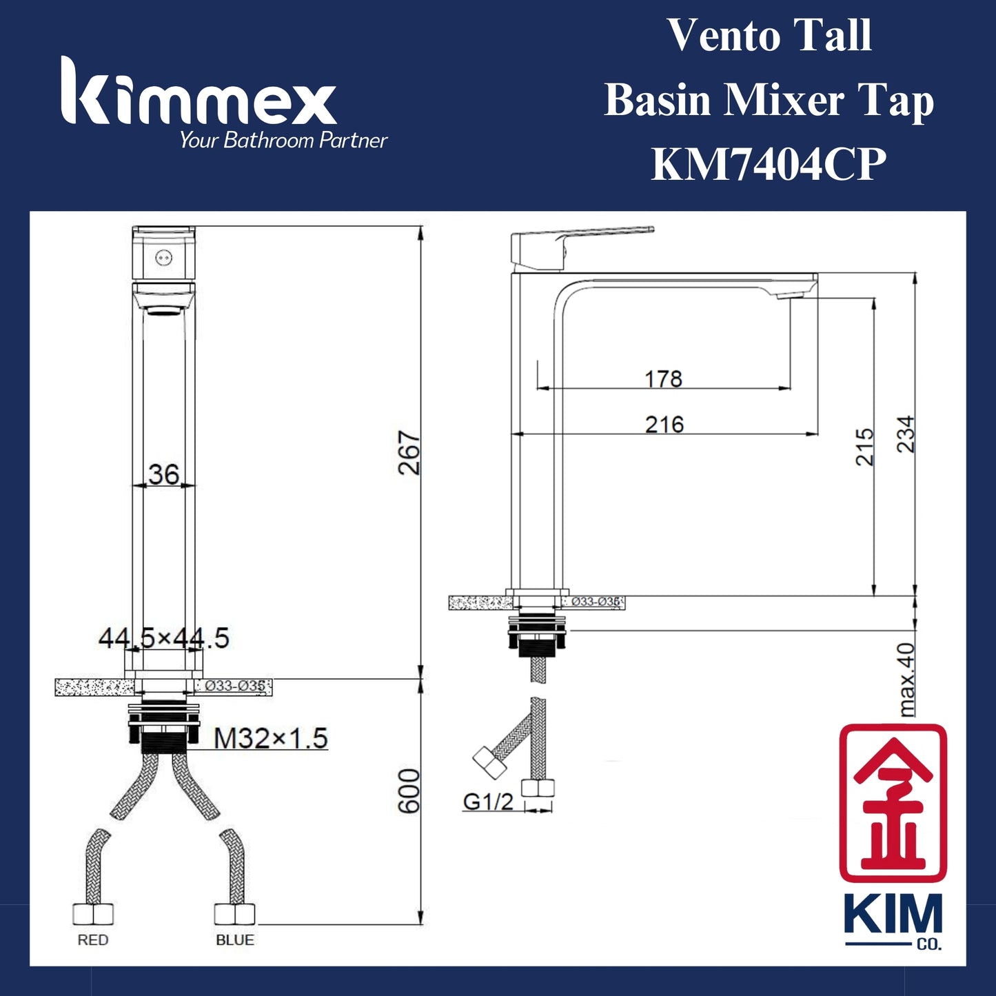 kimmex Vento Tall Basin Mixer Without Pop Up Waste (KM7404CP)