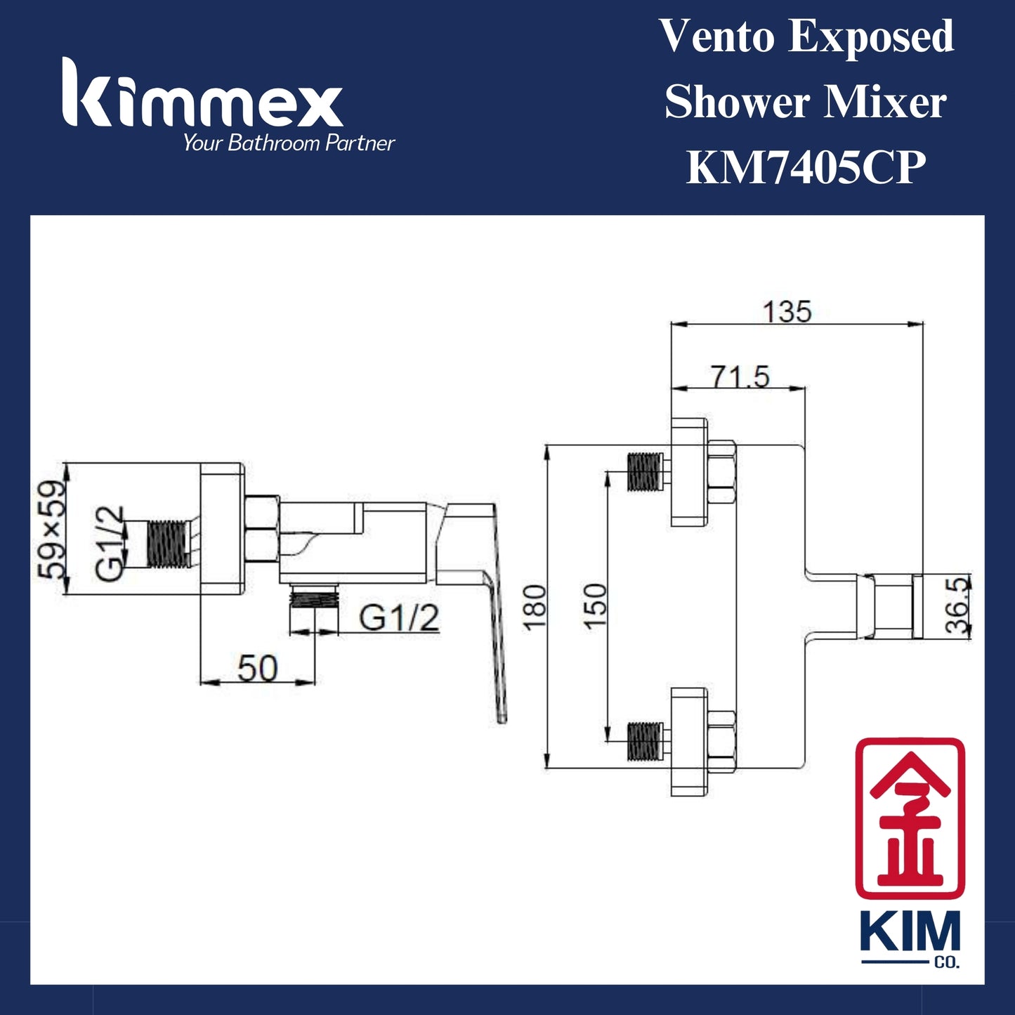 kimmex Vento Exposed Shower Mixer Without Shower Kit (KM7405CP)