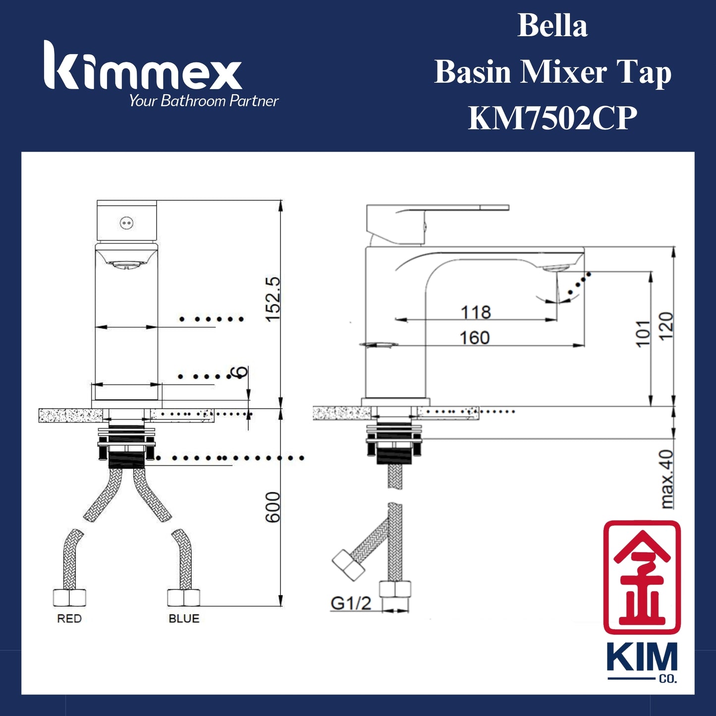 kimmex Bella Basin Mixer Without Pop Up Waste (KM7502CP)