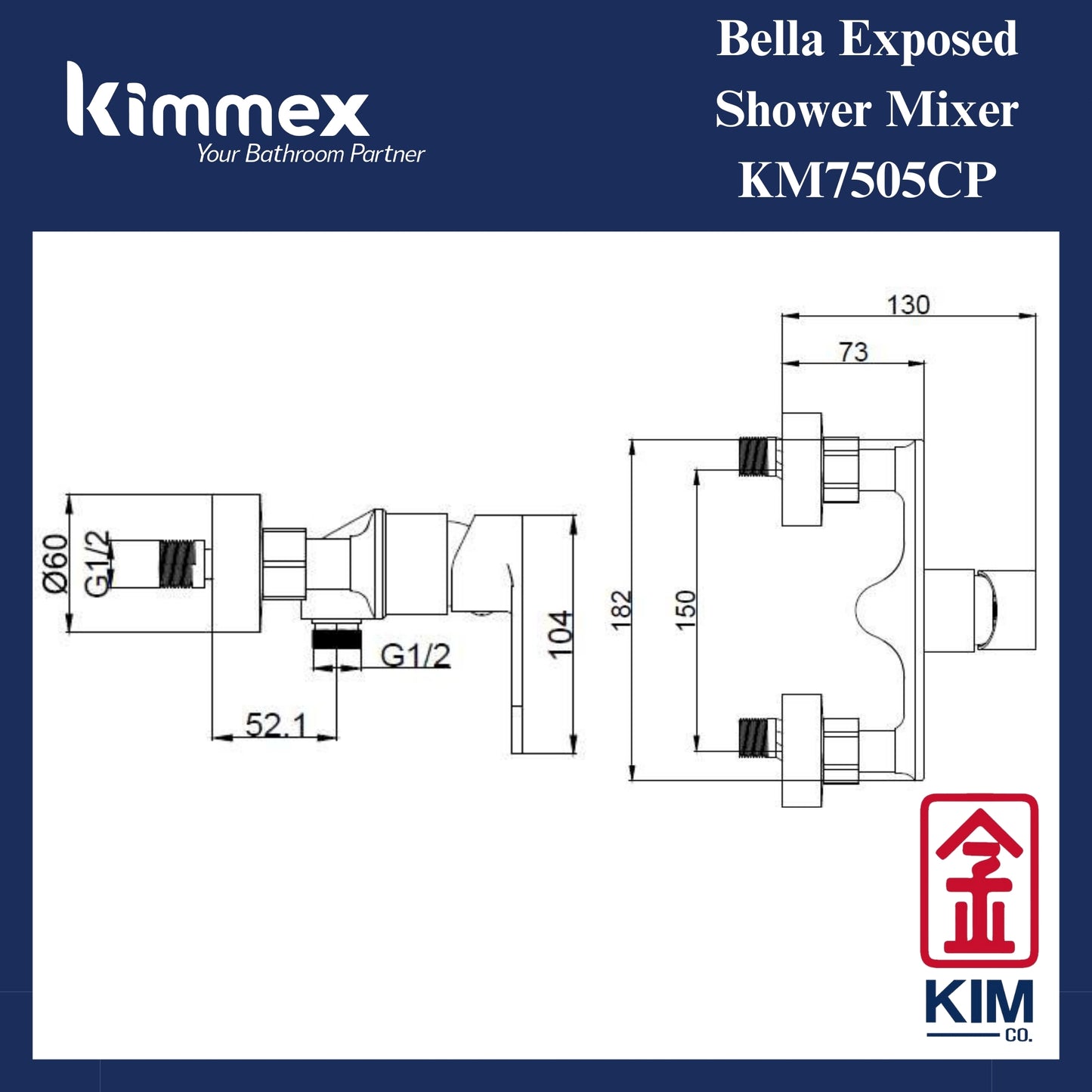 kimmex Bella Exposed Shower Mixer Without Shower Kit (KM7505CP)