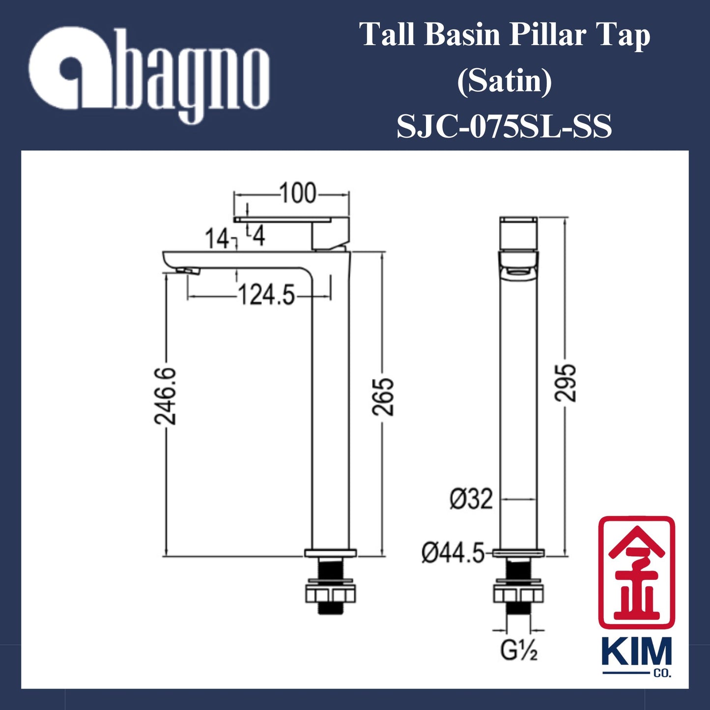 Abagno Stainless Steel 304 Tall Basin Pillar Tap (SJC-075SL-SS)
