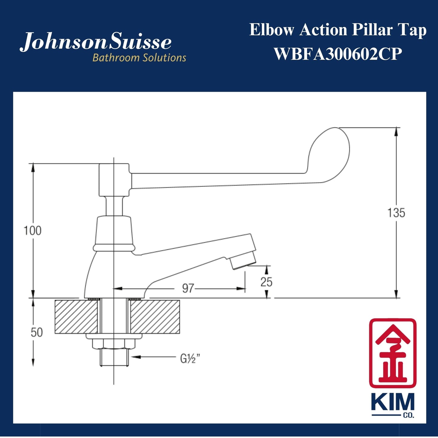 Johnson Suisse Deck Mouted Elbow Action Pillar Tap (WBFA300602CP)