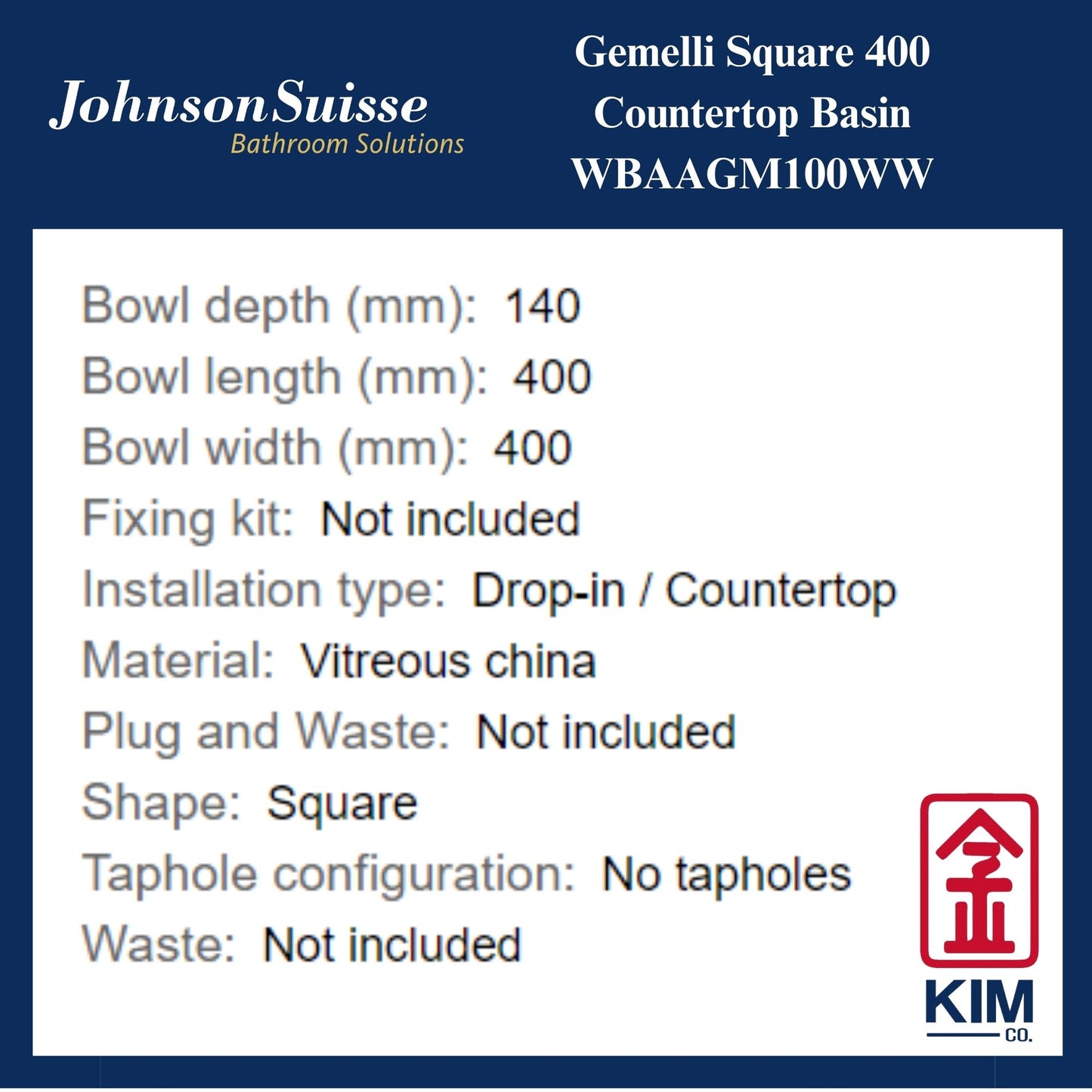 Johnson Suisse Gemelli Square 400 Countertop Basin (WBAAGM100WW)