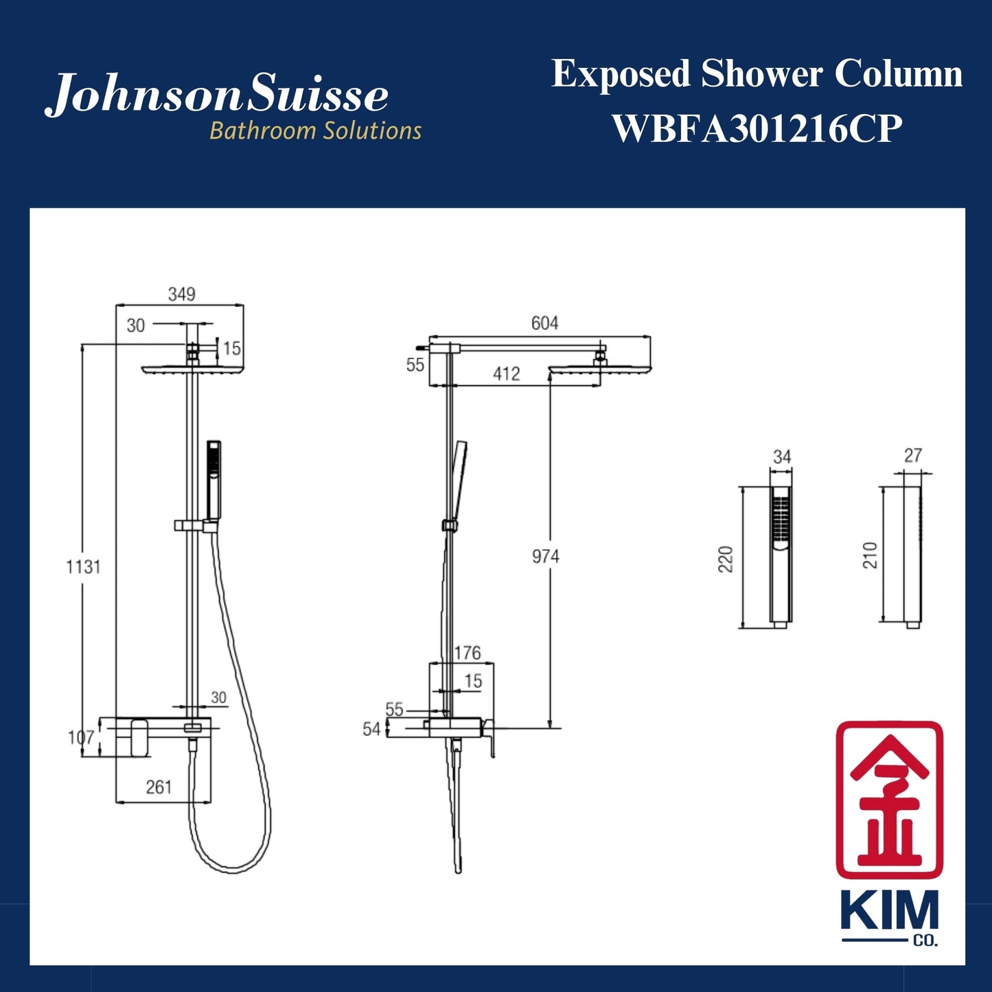 Johnson Suisse Shower Column 11” Abs Shower Head & Abs Hand Shower & Panel (WBFA301216CP)