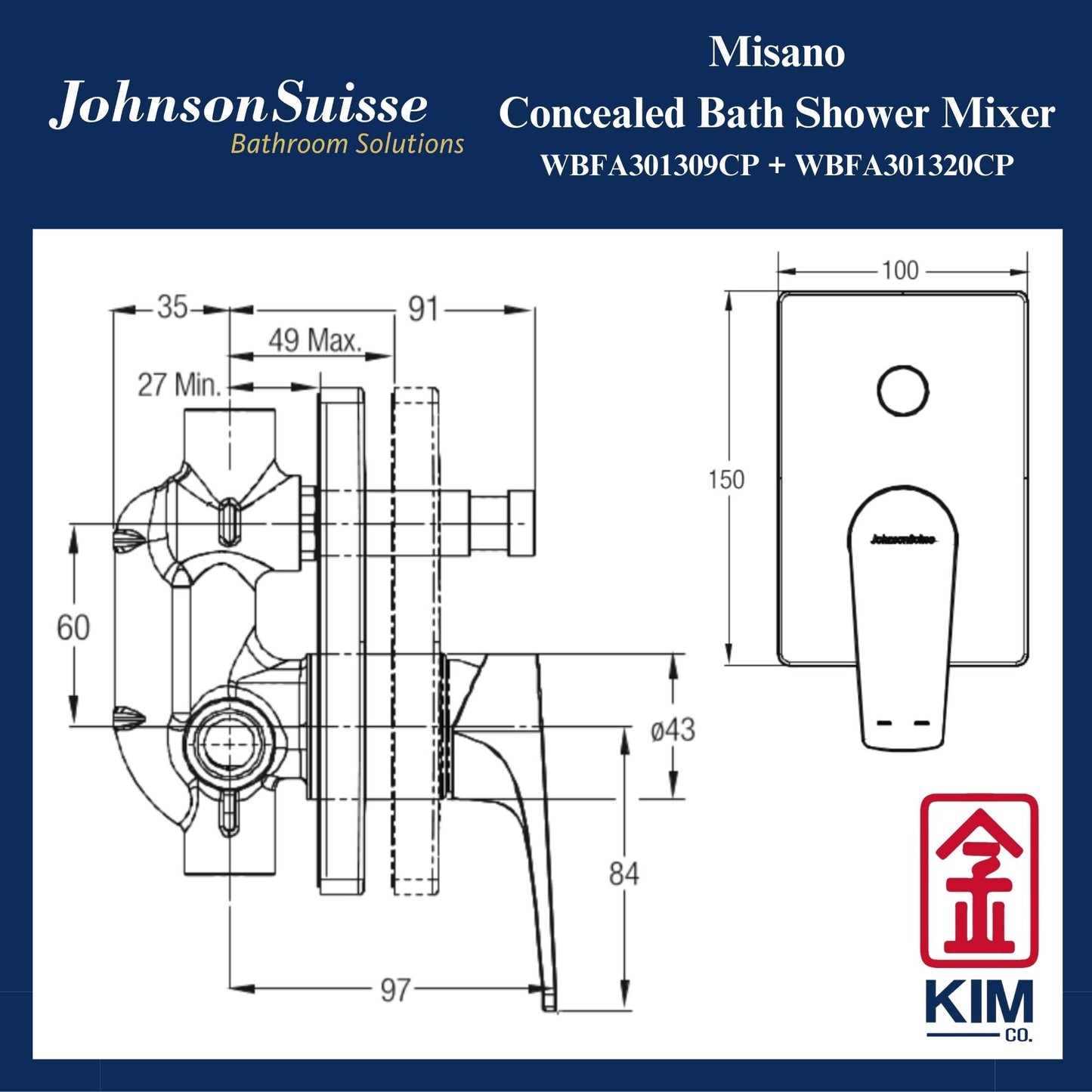 Johnson Suisse Misano Concealed Bath Shower Mixer With Diverter (WBFA301309CP + WBFA301320CP)