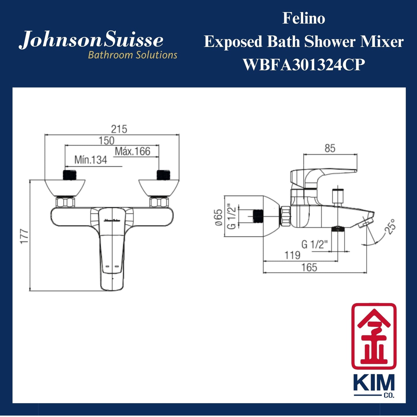 Johnson Suisse Felino Exposed Bath Shower Mixer Without Shower Kit (WBFA301324CP)