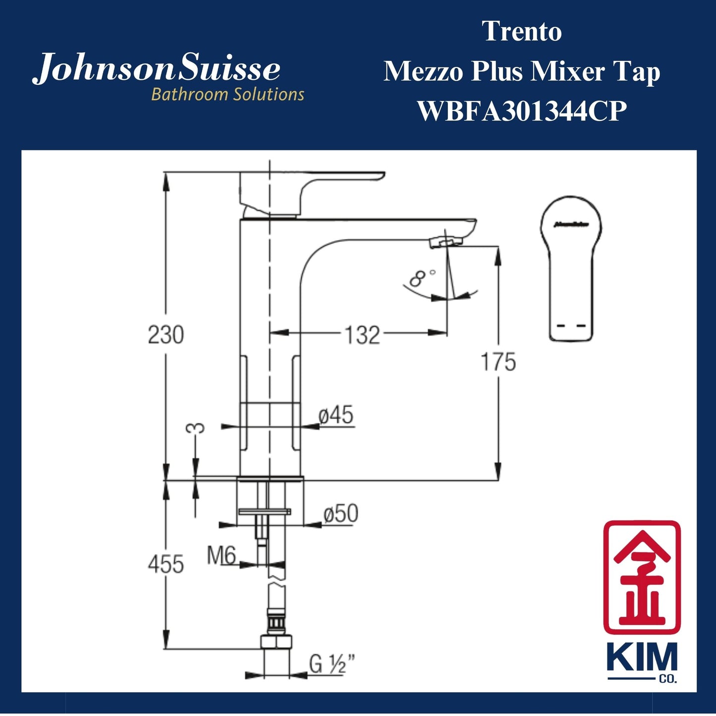 Johnson Suisse Trento Mezzo Plus Basin Mixer Without Pop Up Waste (WBFA301344CP)