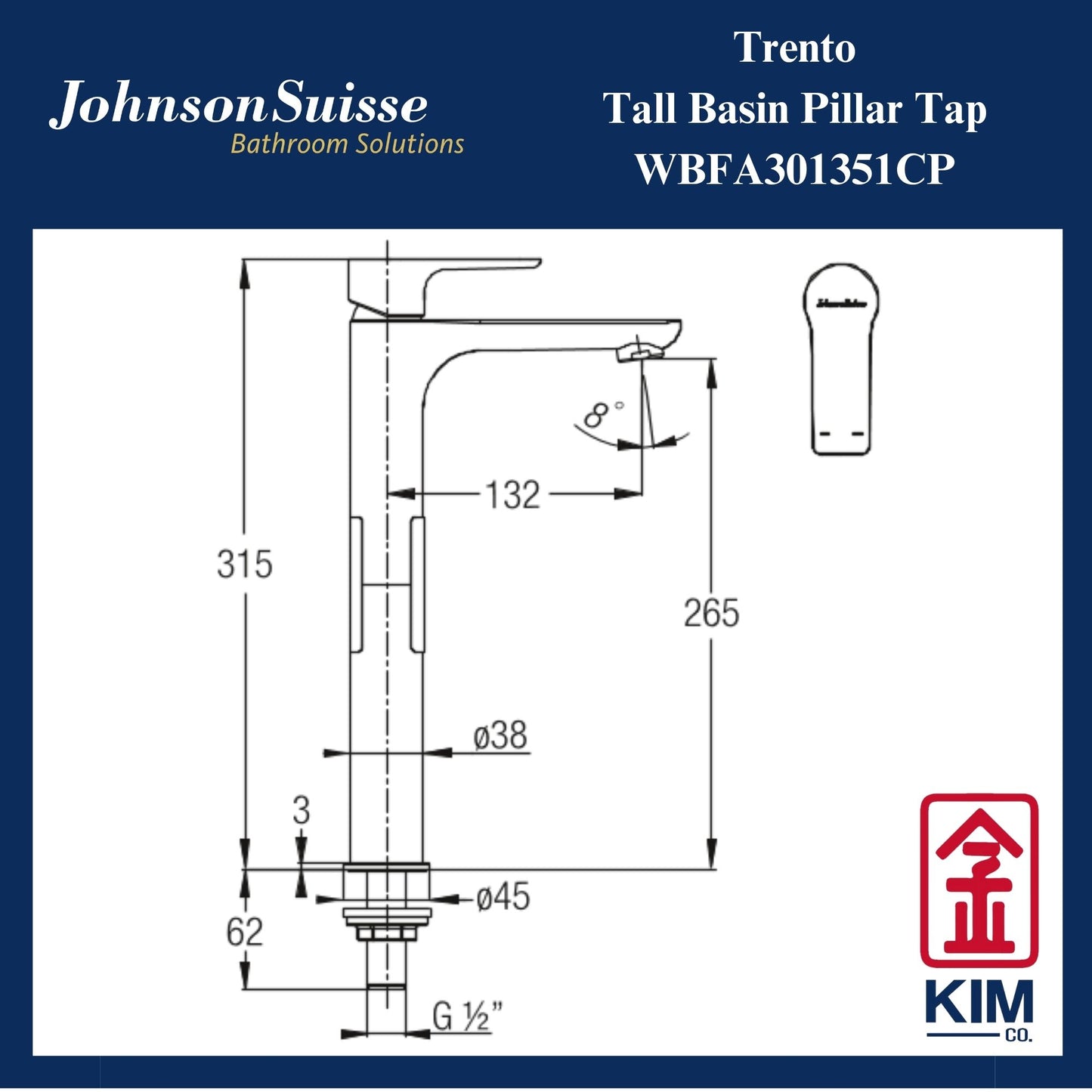 Johnson Suisse Trento Tall Basin Pillar Tap (WBFA301351CP)