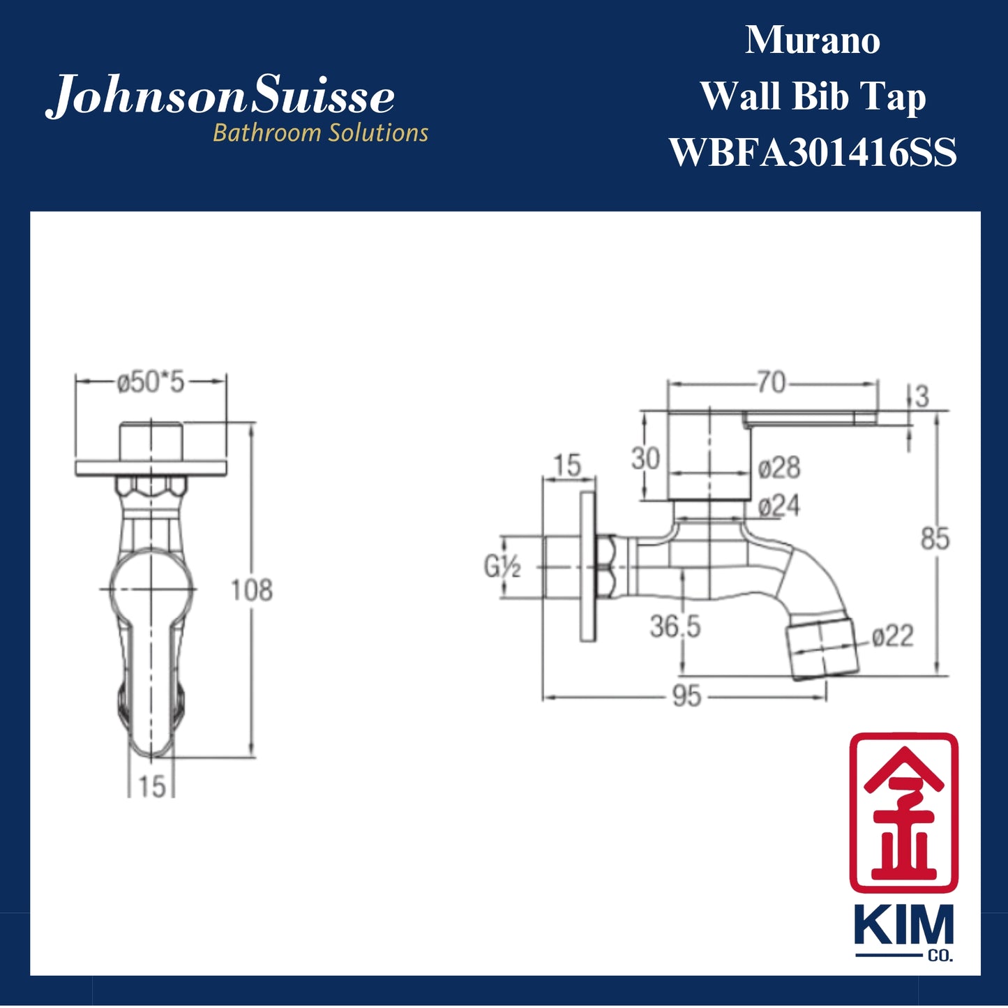Johnson Suisse Murano Wall Bib Tap (WBFA301416SS)