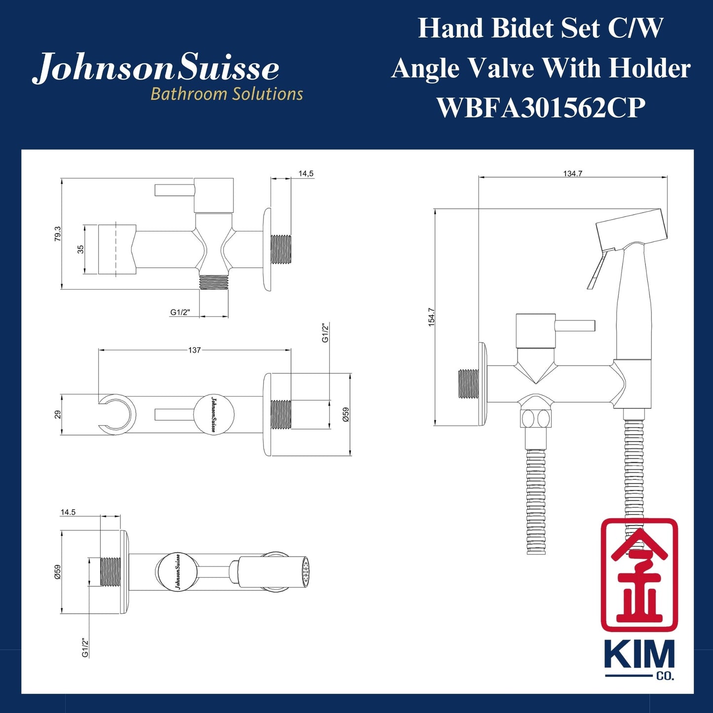 Johnson Suisse Hand Bidet Spray Cw 1.2m Bidet Hose & Bracket With Angle Valve (WBFA301562CP)