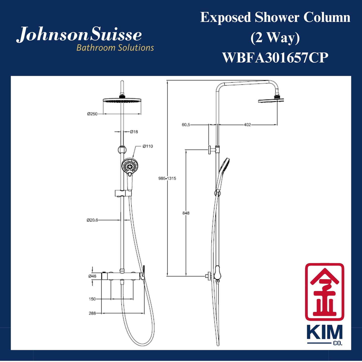 Johnson Suisse Gavi-N Shower Column 10” Abs Shower Head, Abs Hand Shower (2 Ways) (WBFA301657CP)