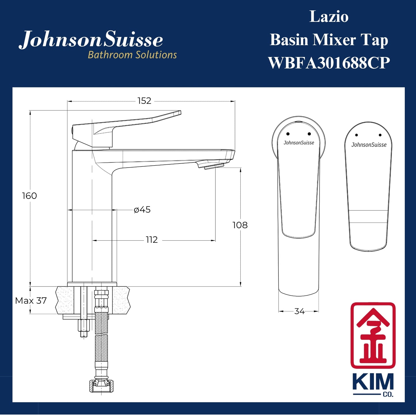 Johnson Suisse Lazio Basin Mixer Without Pop Up Waste (WBFA301688CP)