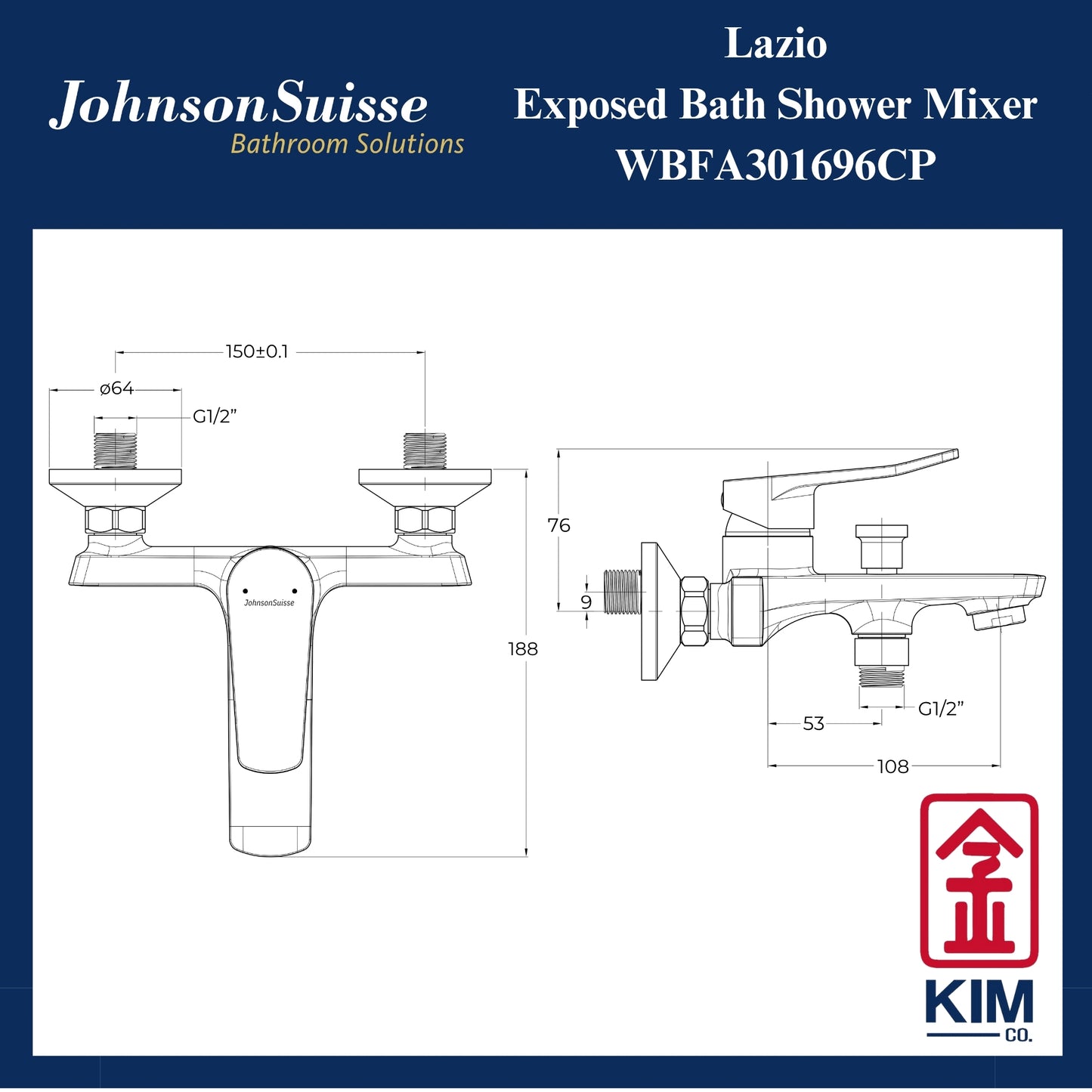Johnson Suisse Lazio Exposed Bath Shower Mixer Without Shower Kit (WBFA301696CP)