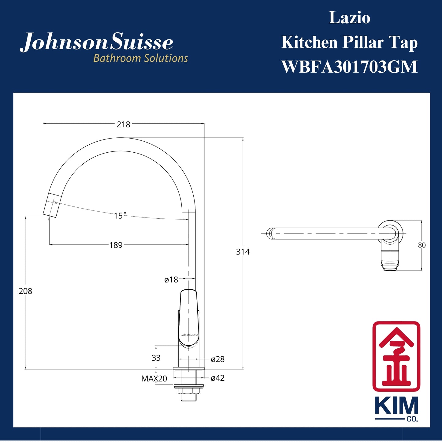 Johnson Suisse Lazio Deck Mounted Kitchen Sink Tap (Gunmetal) (WBFA301703GM)