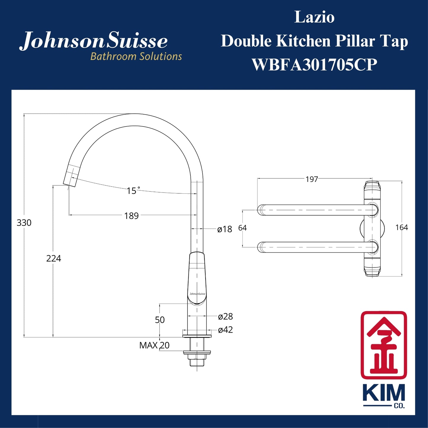 Johnson Suisse Lazio Deck-Mounted Double Kitchen Sink Tap (WBFA301705CP)