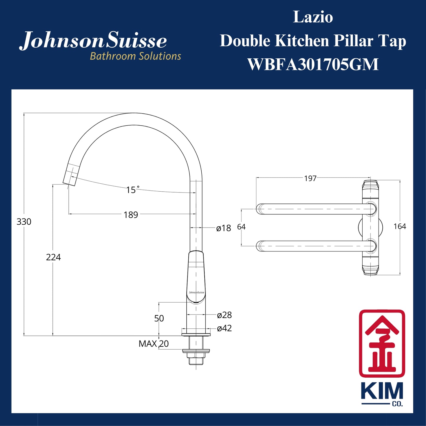 Johnson Suisse Lazio Deck-Mounted Double Kitchen Sink Tap (Gunmetal) (WBFA301705GM)