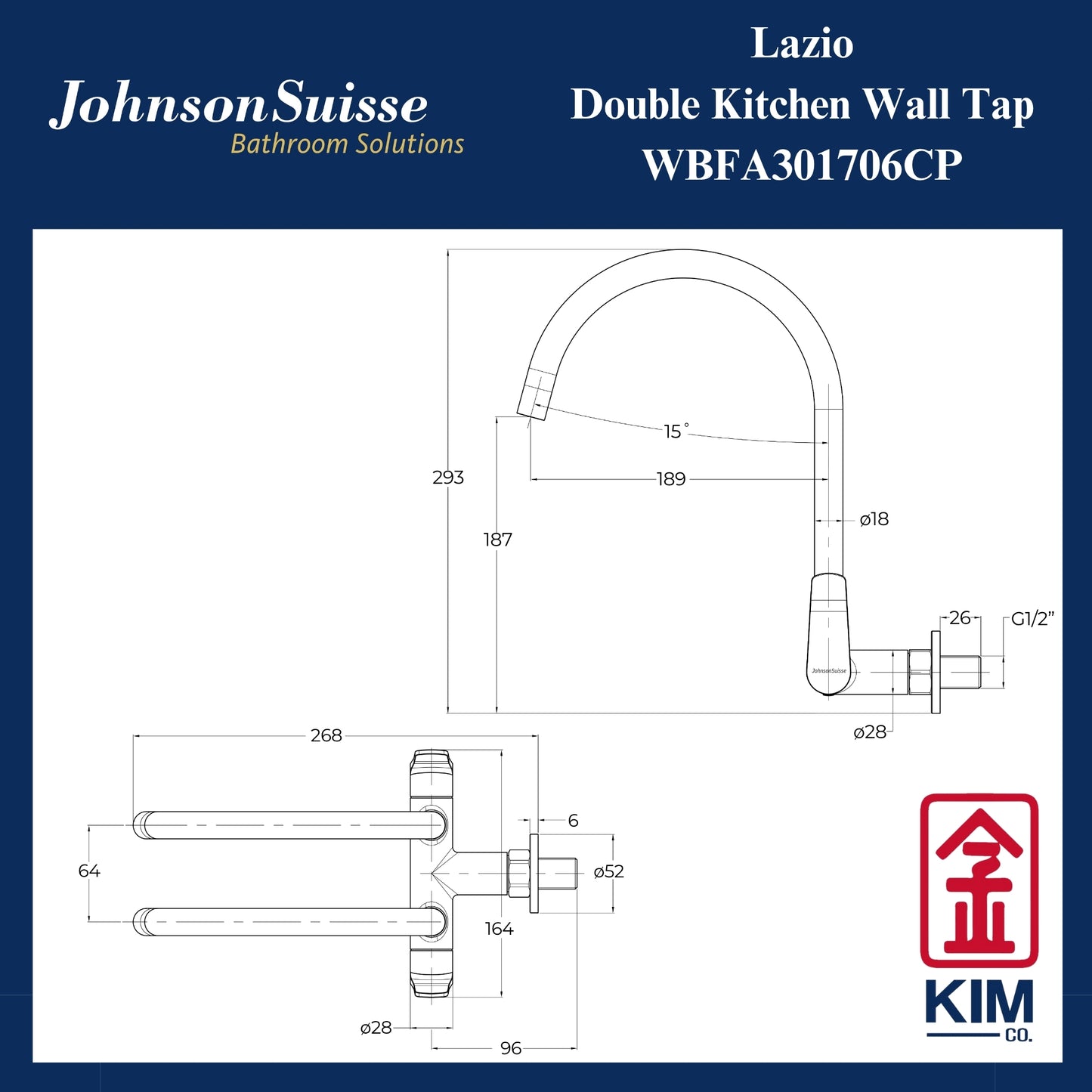 Johnson Suisse Lazio Wall-Mounted Double Kitchen Sink Tap (WBFA301706CP)