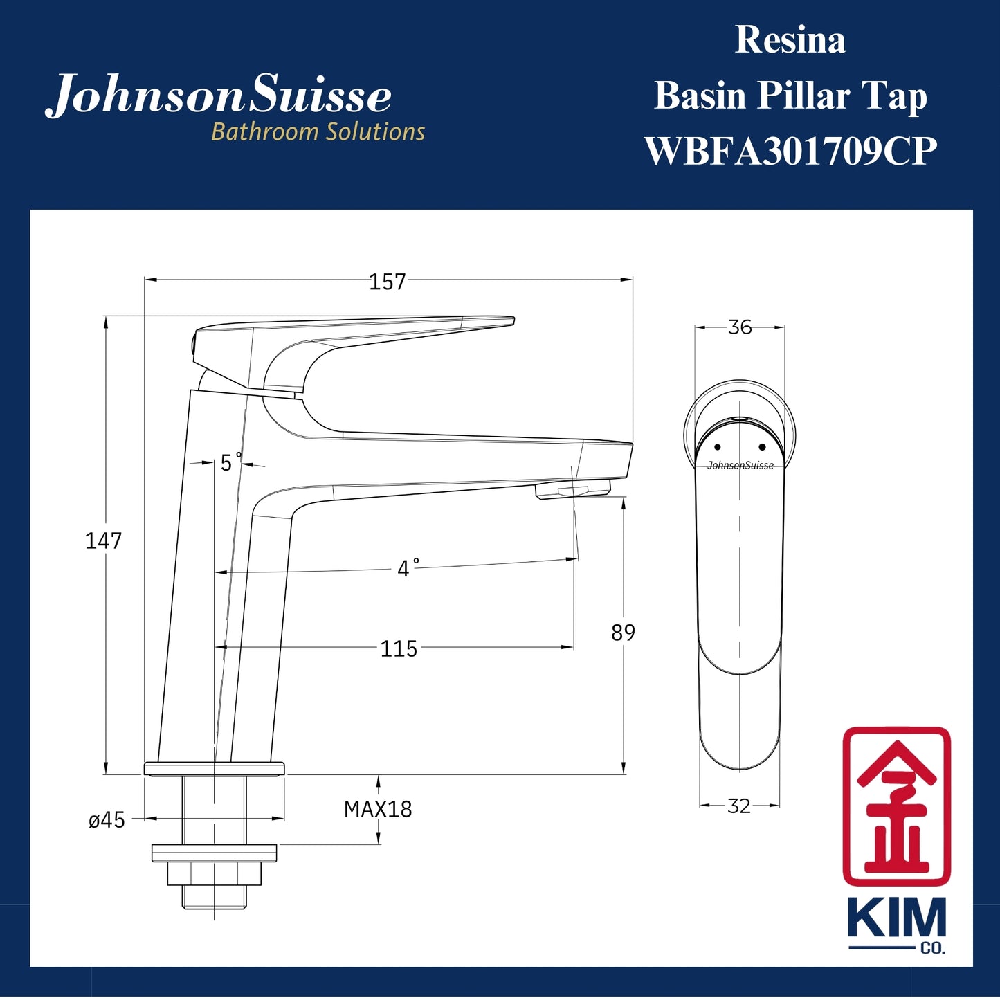 Johnson Suisse Resina Basin Pillar Tap (WBFA301709CP)