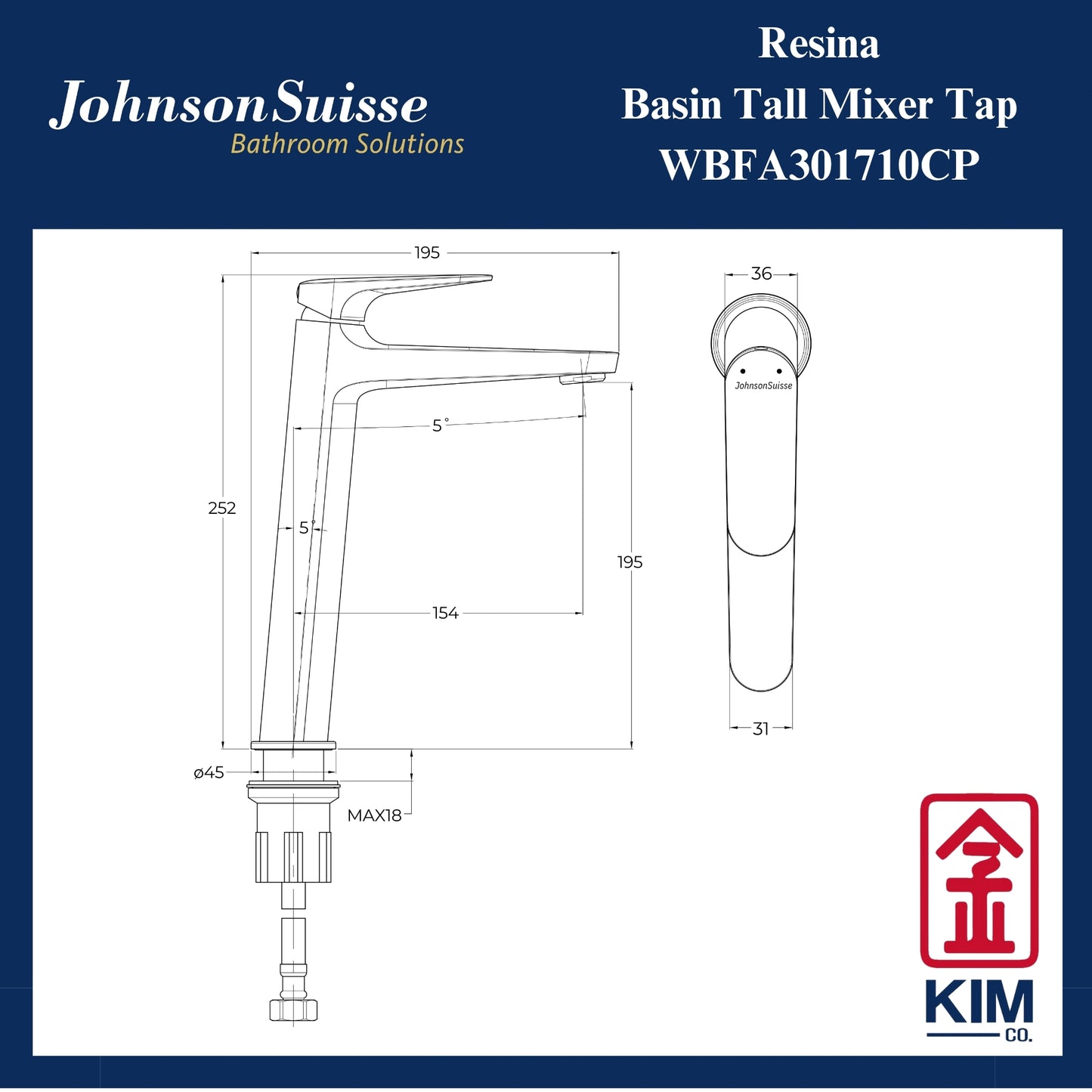 Johnson Suisse Resina Tall Basin Mixer Without Pop Up Waste (WBFA301710CP)