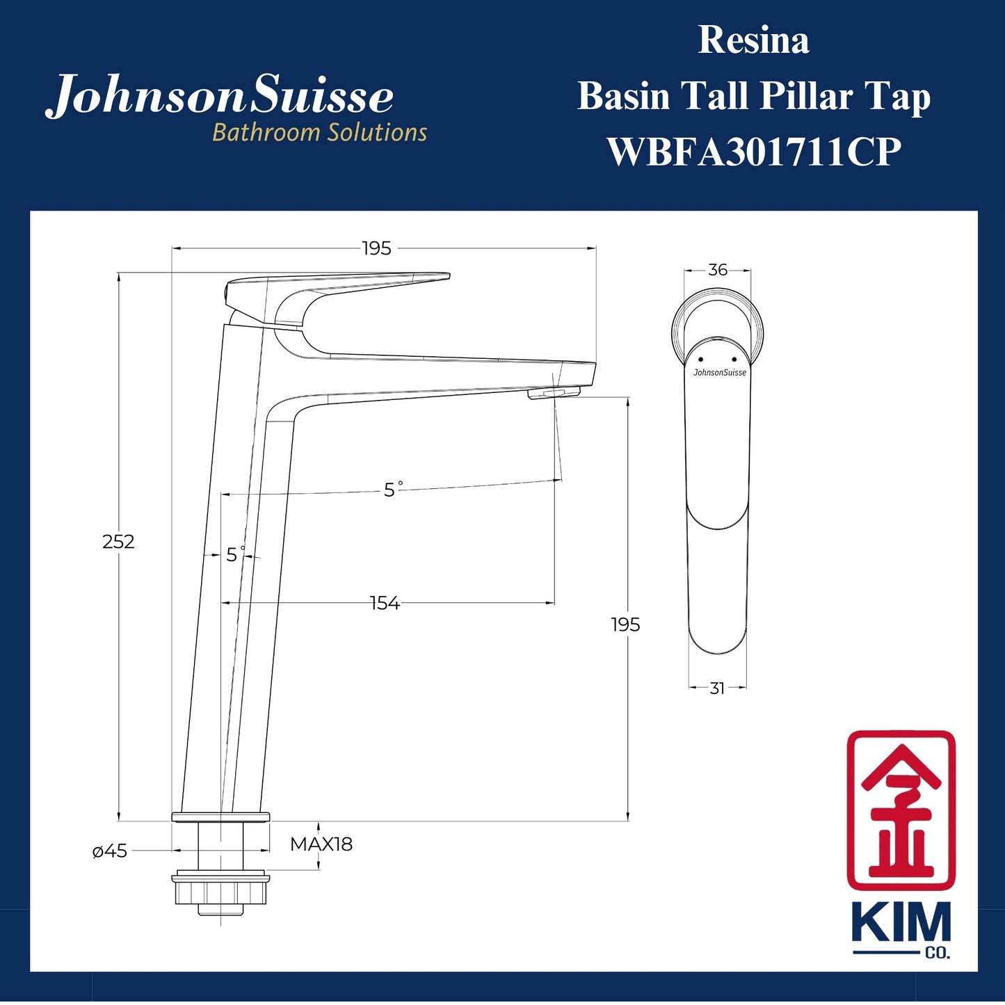 Johnson Suisse Resina Tall Basin Pillar Tap (WBFA301711CP)
