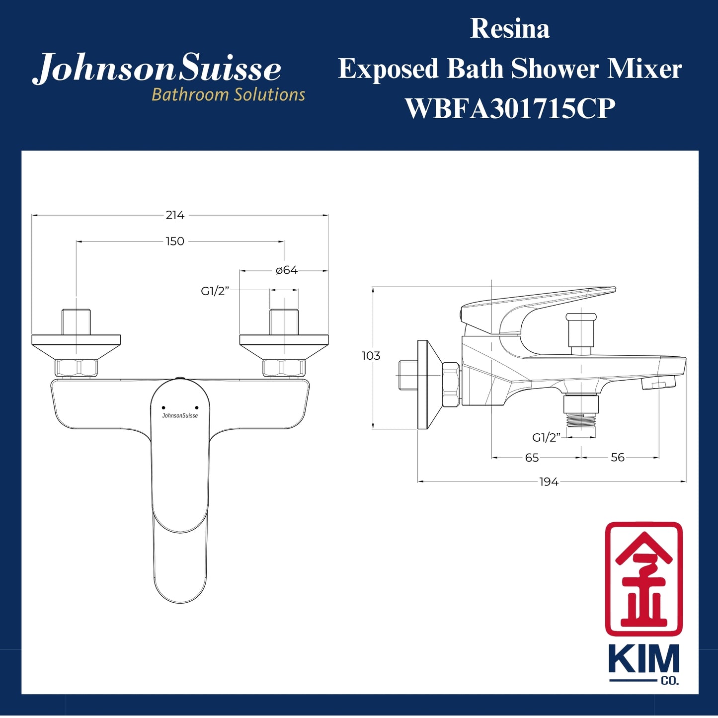 Johnson Suisse Resina Exposed Bath Shower Mixer Without Shower Kit (WBFA301715CP)