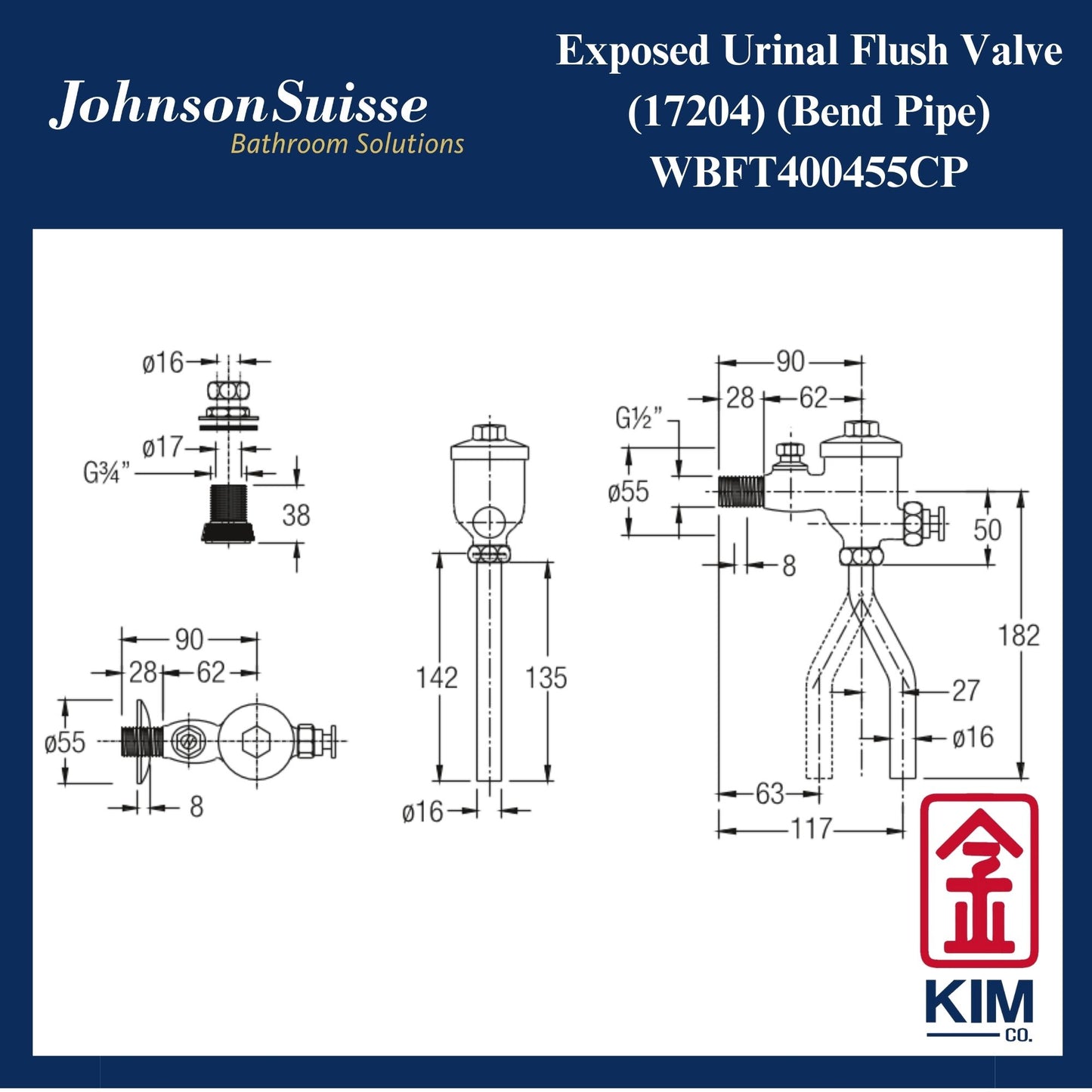 Johnson Suisse Exposed Urinal Flush Valve Cw Bend (WBFT400455CP)