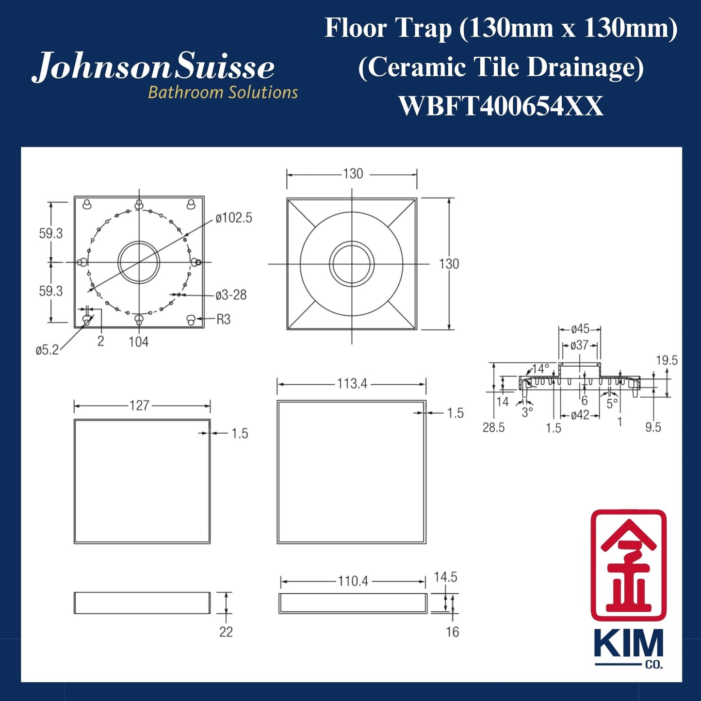 Johnson Suisse Floor Trap Ceramic Tile Drainage (130mm x 130mm) (WBFT400654XX)