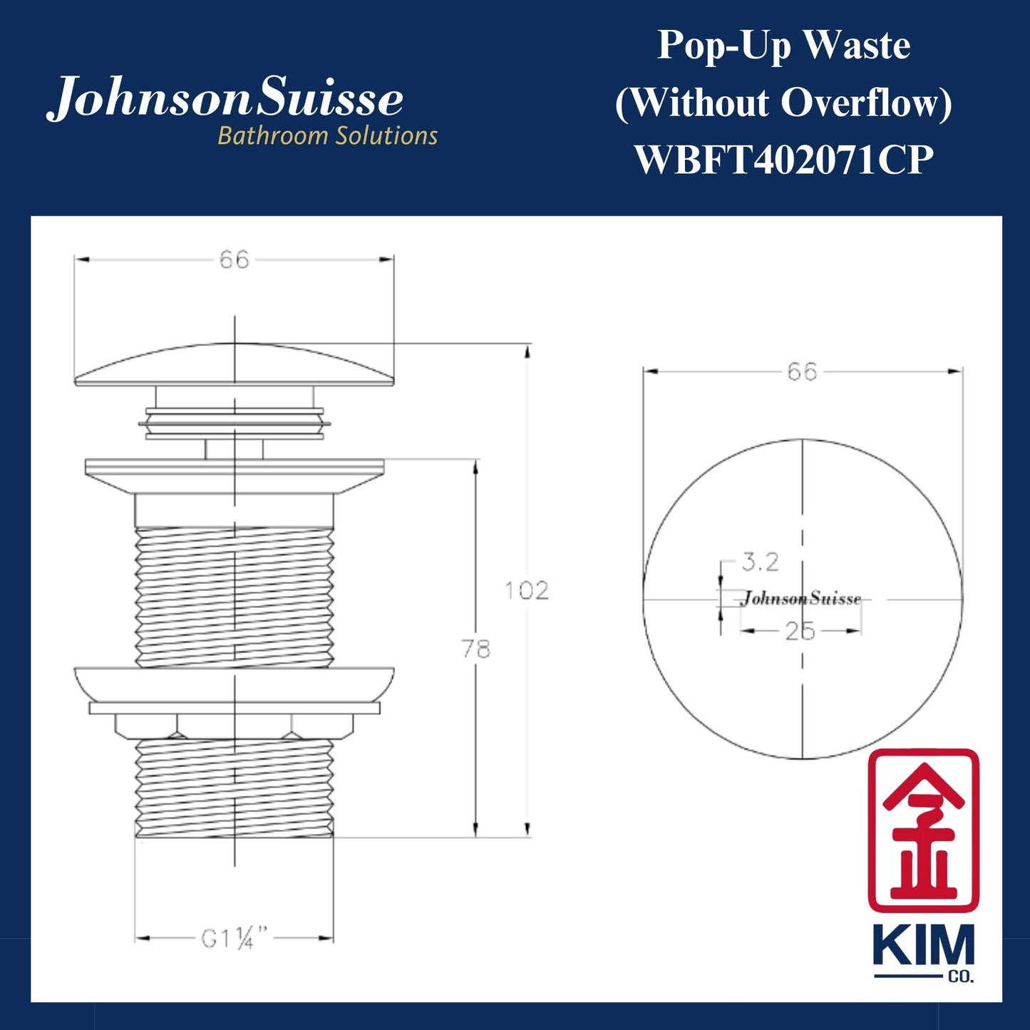 Johnson Suisse Brass Push Up Pop Up Waste Without Overflow (WBFT402071CP)