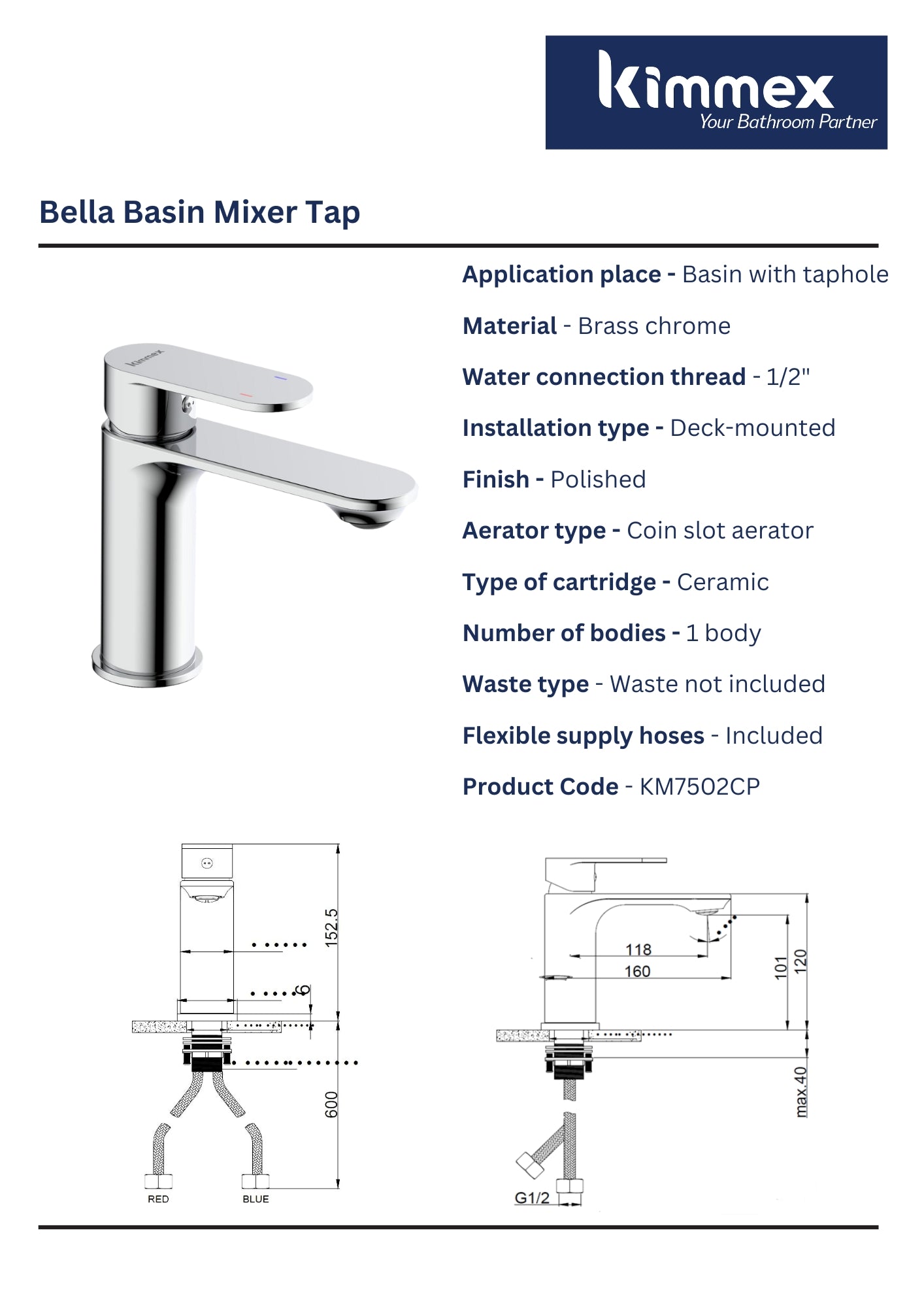 kimmex Bella Basin Mixer Without Pop Up Waste (KM7502CP)