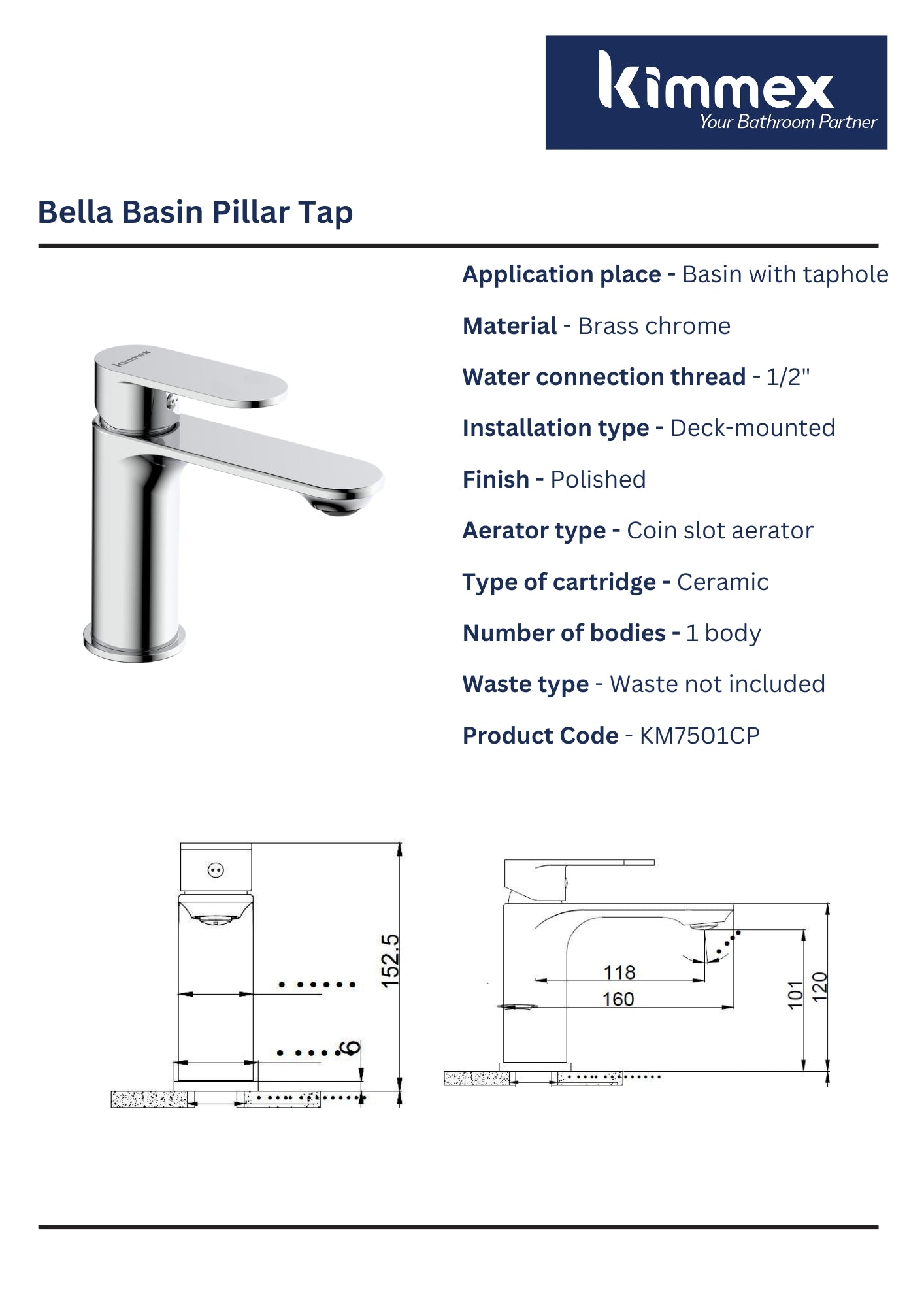 kimmex Bella Basin Pillar Tap (KM7501CP)