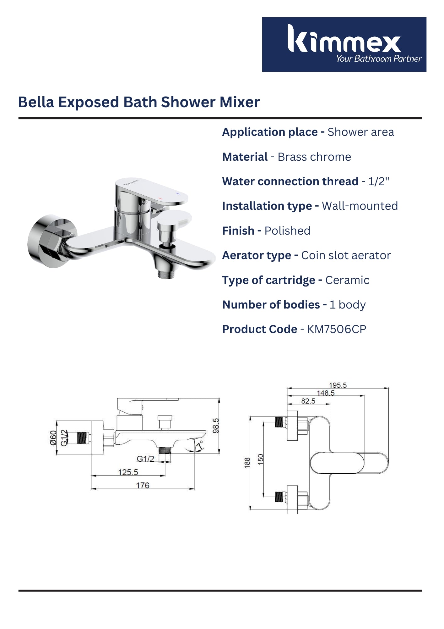 kimmex Bella Exposed Bath Shower Mixer Without Shower Kit (KM7506CP)
