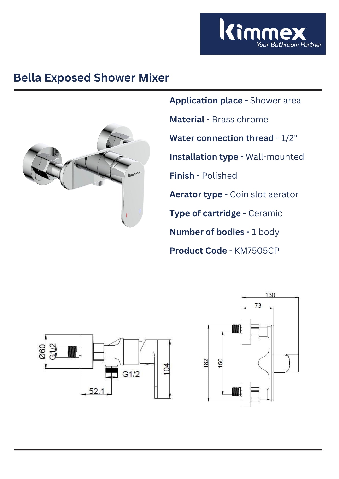 kimmex Bella Exposed Shower Mixer Without Shower Kit (KM7505CP)