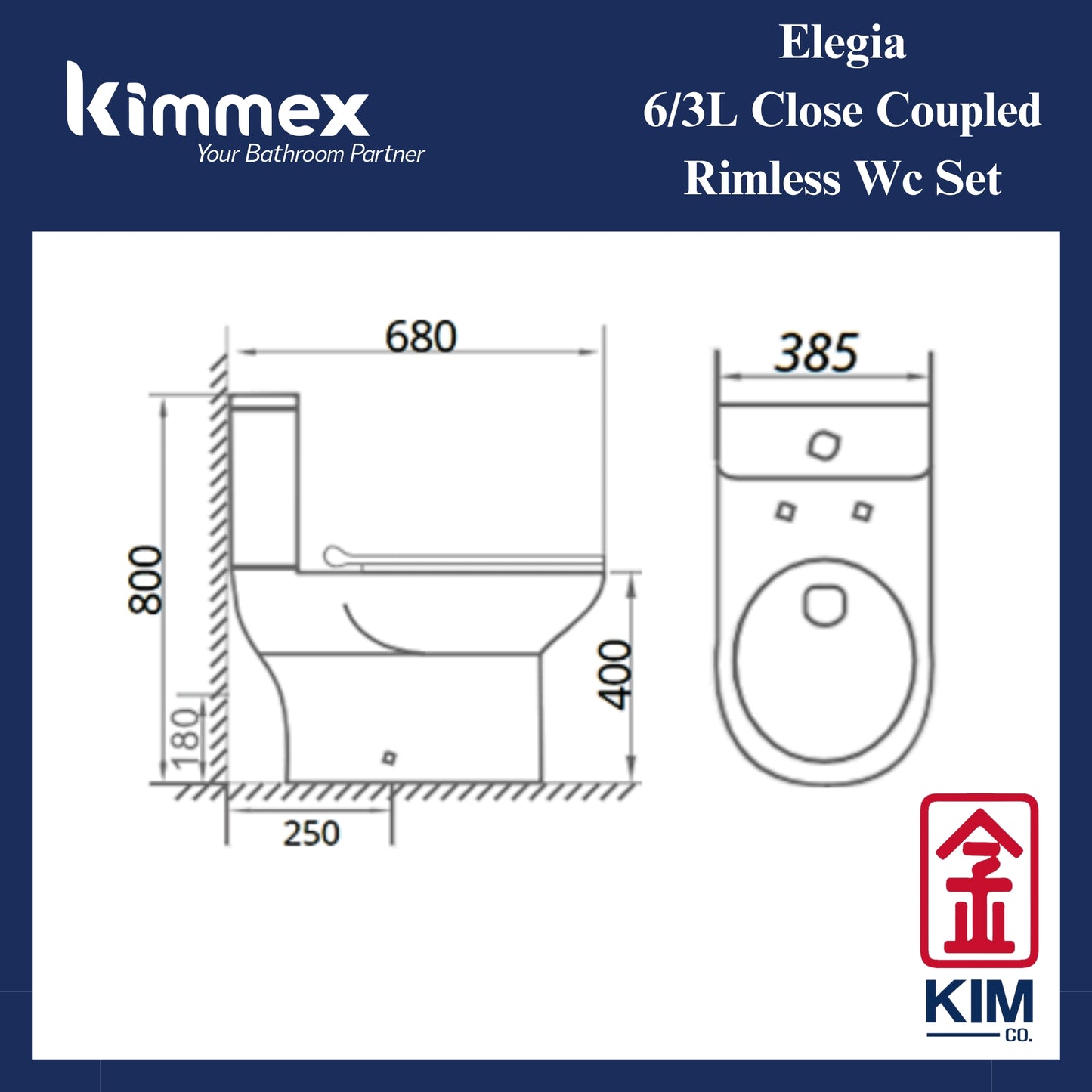 kimmex Elegia 6/3L Rimless Wc Set Cw Pp Soft Close Seat & Cover