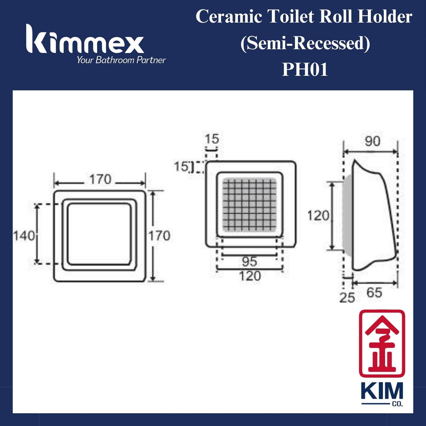 kimmex Ceramic Semi Recessed Toilet Roll Holder (PH01)
