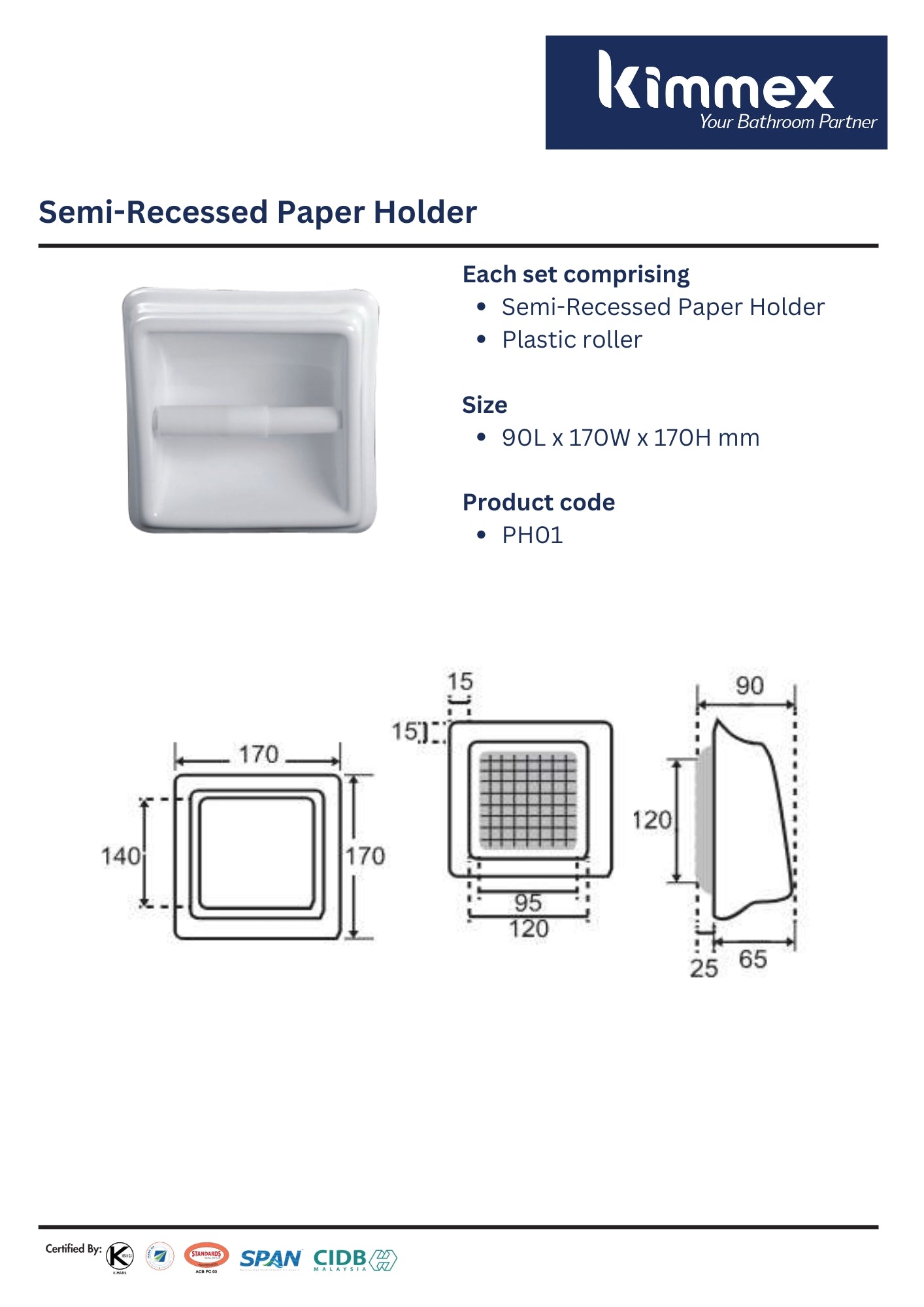 kimmex Ceramic Semi Recessed Toilet Roll Holder (PH01)