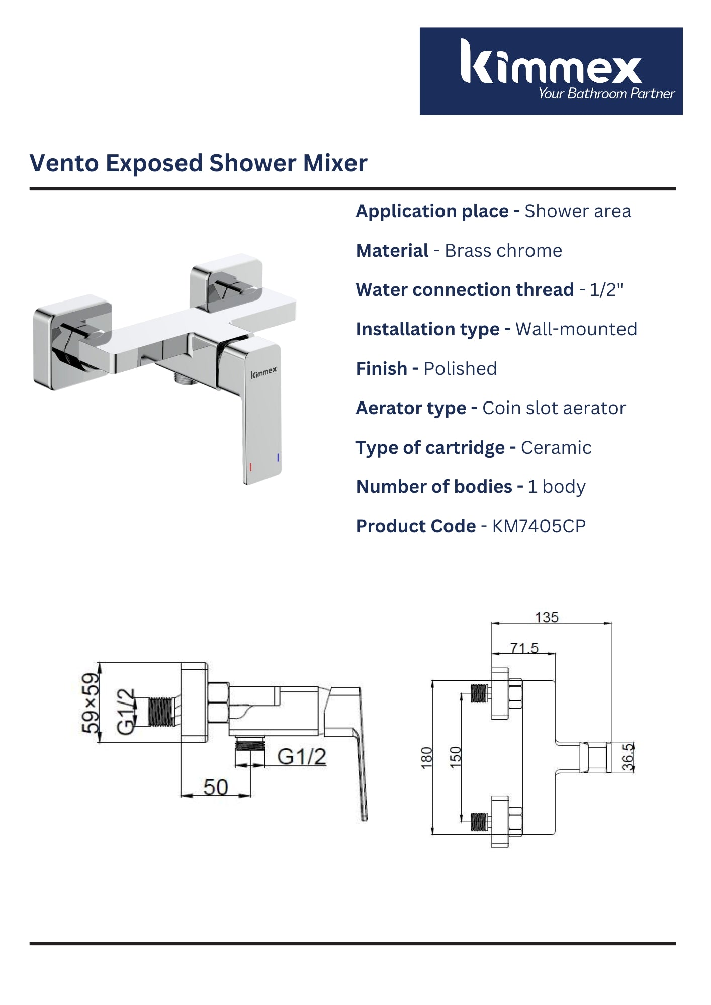 kimmex Vento Exposed Shower Mixer Without Shower Kit (KM7405CP)