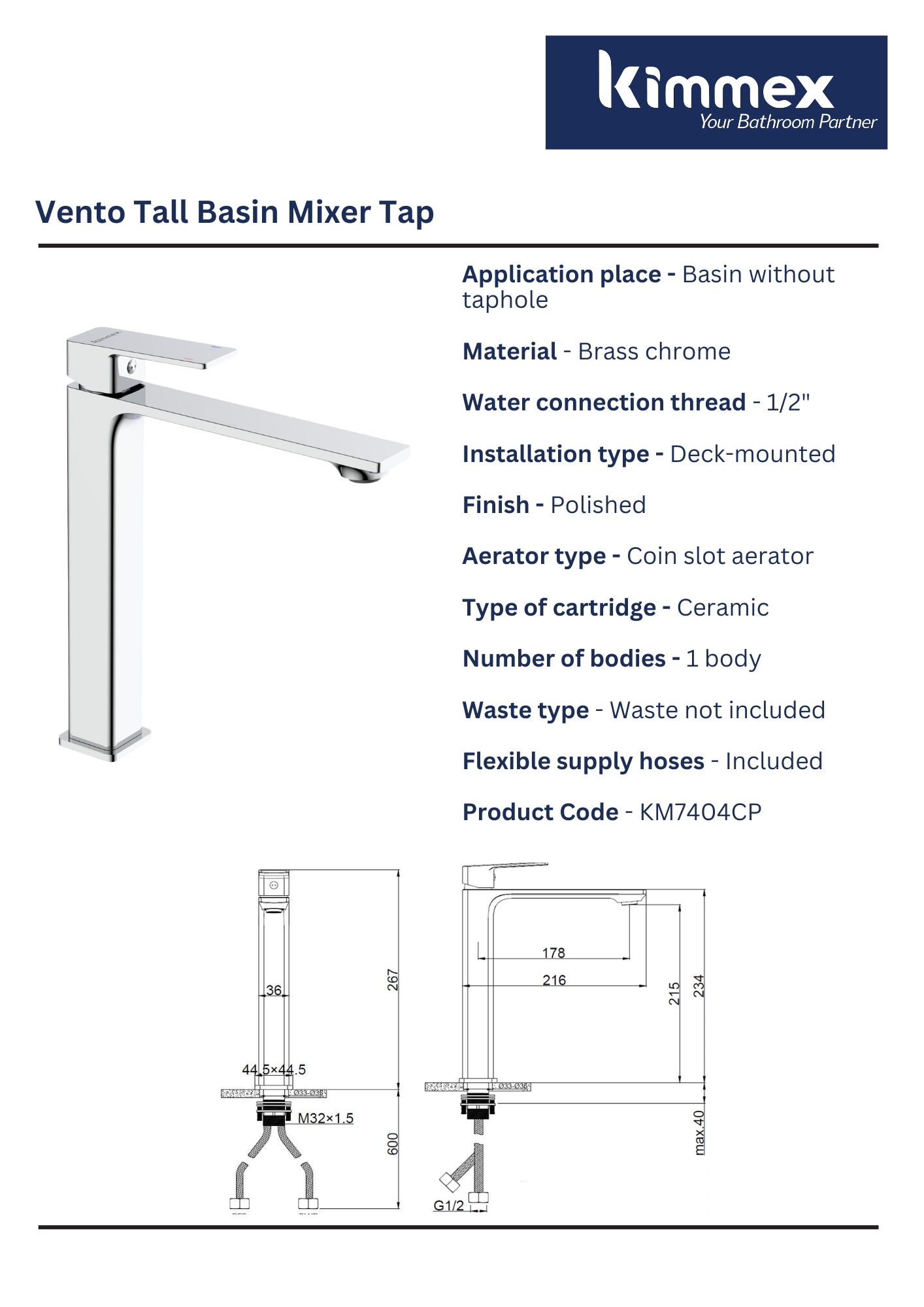 kimmex Vento Tall Basin Mixer Without Pop Up Waste (KM7404CP)