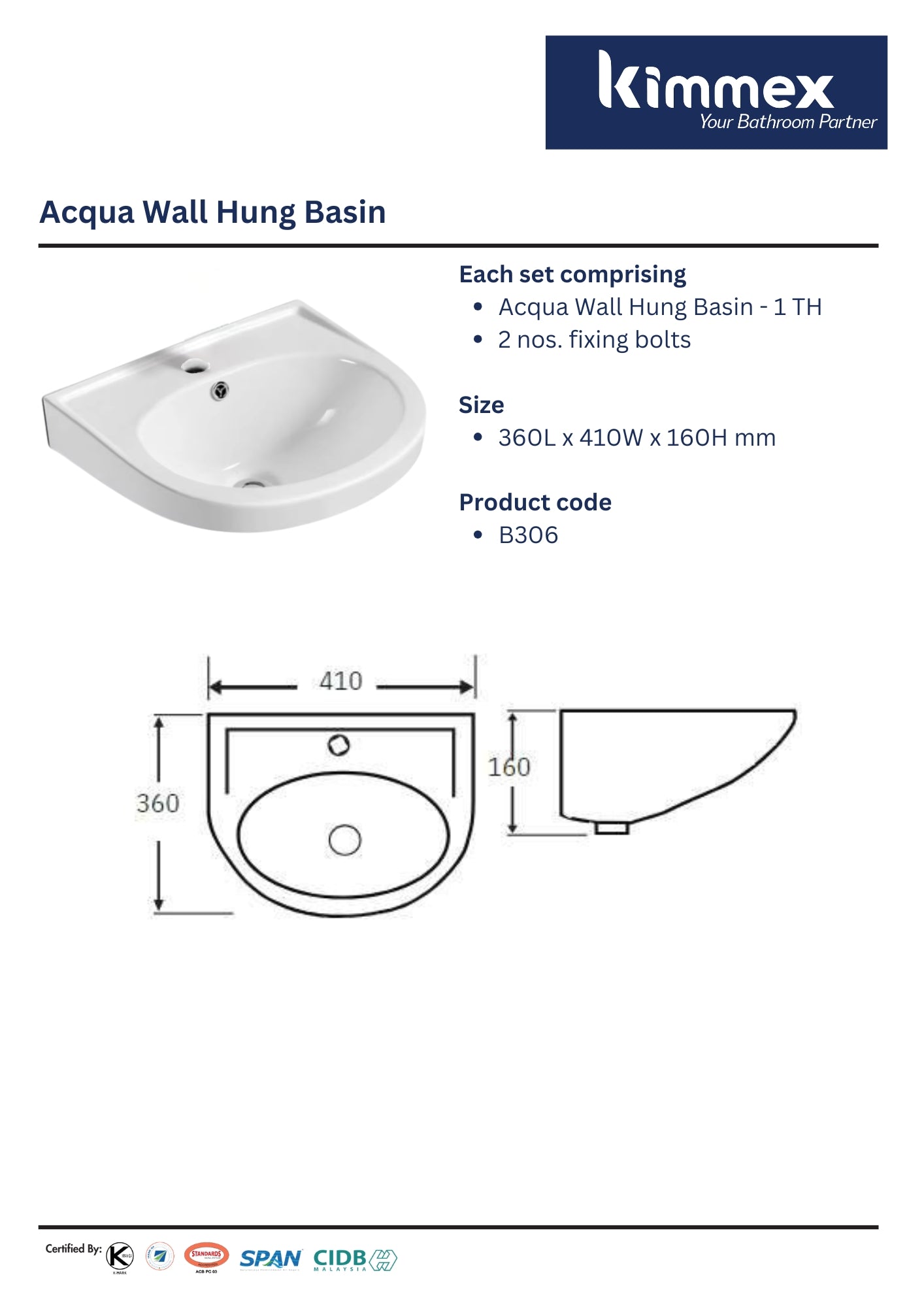 kimmex Acqua Wall Hung Basin Set (B306)