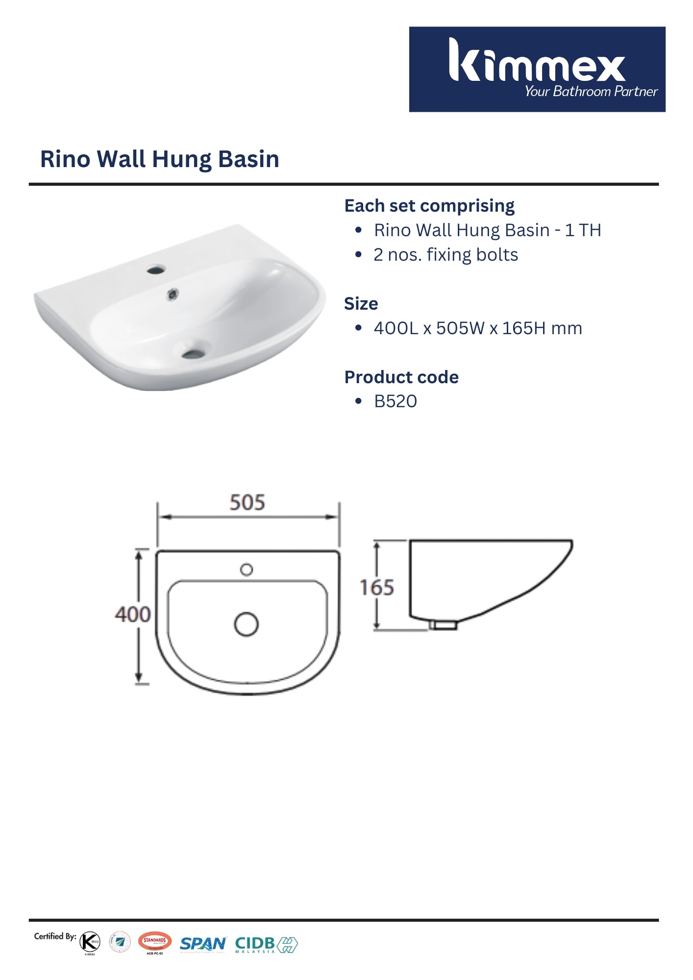 kimmex Rino Wall Hung Basin Set (B520)